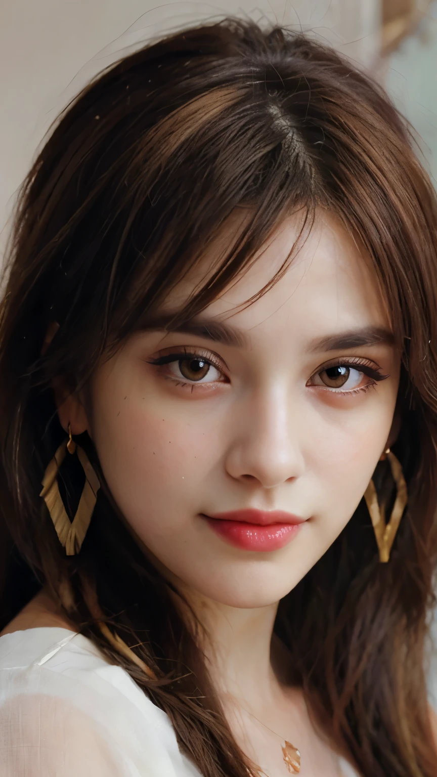 brown hair, multicolored hair, hair over the shoulder, long hair, high ponytail, feather hair ornament, mismatched pupils, crystal earrings, makeup, seductive smile, cinematic lighting, depth of field, frontal shot, bokeh, UHD, masterpiece, high details, high quality