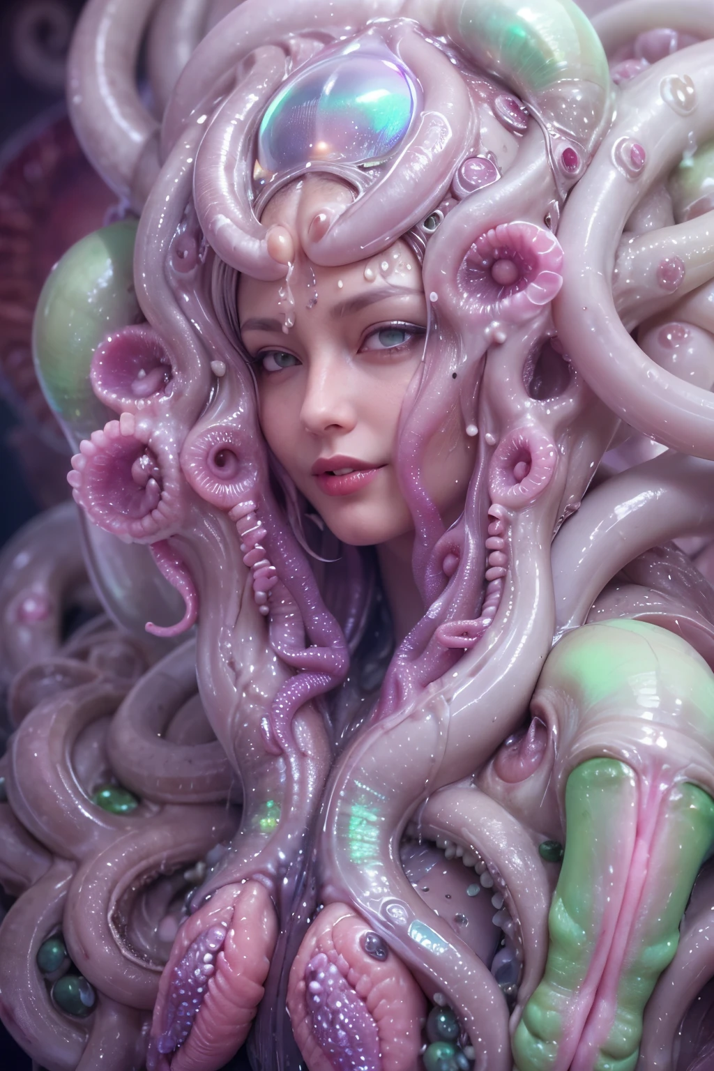 (A portrait of one beautiful and obscene female alien who is a young ager:1.4), ((There is a female genital-like organ in the middle of her forehead:1.8)), (realistic face:1.2), (Numerous award-winning masterpieces, with incredible detail, textures and maximum detail), artistic photography, midnight aura, unreal engine 5, Ultra Sharp Focus, art by Amano Yoshitaka, ArtGerm, Roisch, intricate artwork, ultra realistic realism, high resolution, High freshness, drawing faithfully, official art, Unity 8K Wall paper, ultra detailed artistic photography, dream-like, Creation of fantasy, dream Snail, (biopunk nautilus:1.3),Thrilling color schemes, seductively smiling, Amazing mutation, well-proportioned body, goddess of the deep sea, fractal, Geometric pattern, impossible figures, (translucent white tentacles with luminescent organs:1.4), subtle emerald green accents, (smiling seductively:1.3),(She has the most beautiful face in the history of the universe:1.5), Penelope Cruz, (she is looking down at viewers with glowing iridescent eyes with no pupils:1.3), an evil gaze that seduces, cinematic lighting, (Vampire-like long canine teeth can be glimpsed through the gap between the cute lips:1.3), in the hall of the palace, Sweet breath is exhaling from beautiful lips, ecstatic expression