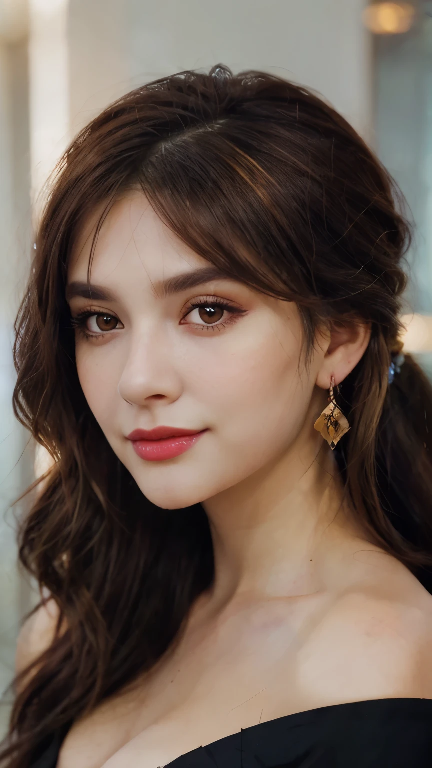 brown hair, multicolored hair, hair over the shoulder, long hair, high ponytail, feather hair ornament, mismatched pupils, crystal earrings, makeup, seductive smile, cinematic lighting, depth of field, frontal shot, bokeh, UHD, masterpiece, high details, high quality