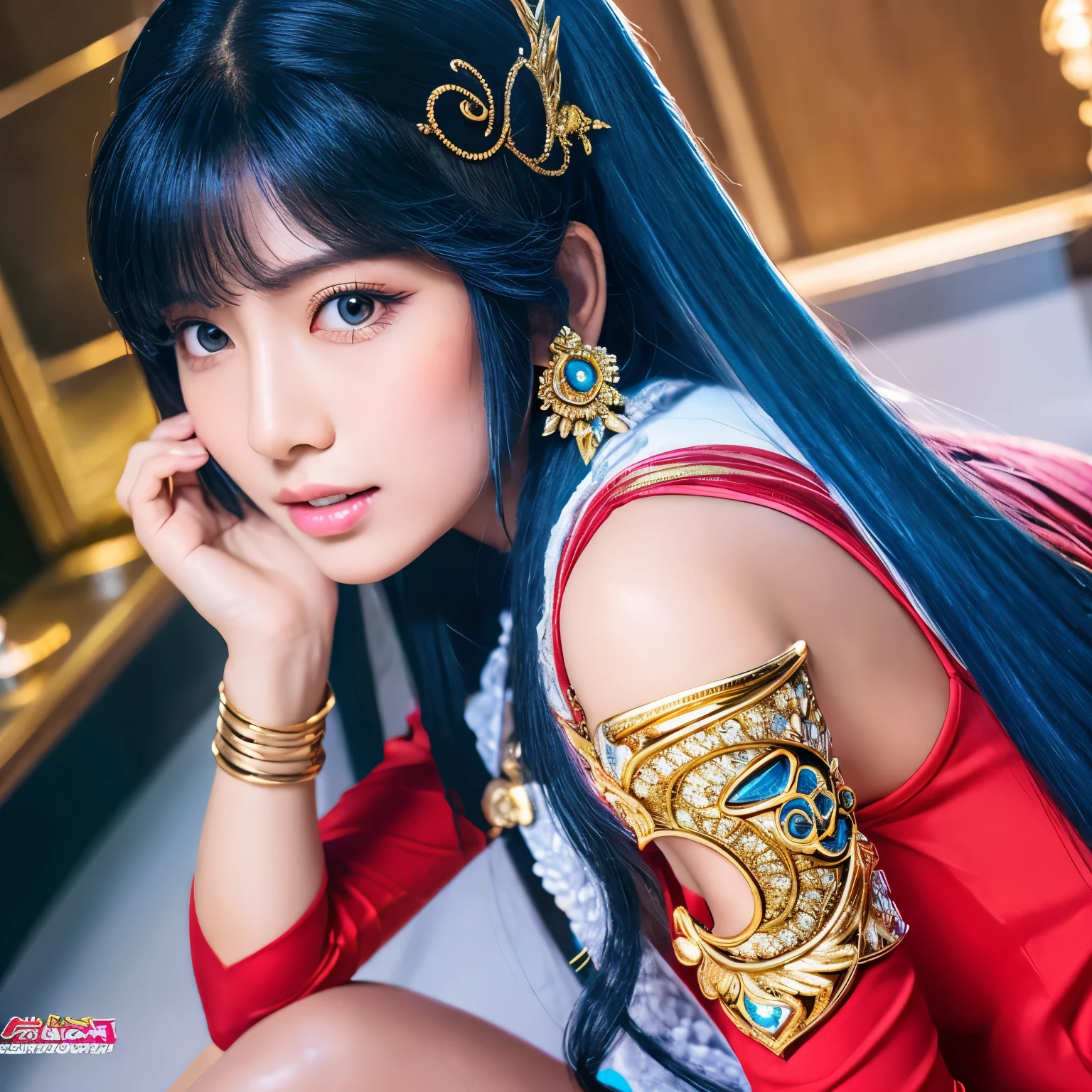Wanita cantik indonesia seksi berdada besar, memakai zirah seperti pegasus saint seiya, senyum menatap kamera, masterpiece high quality image