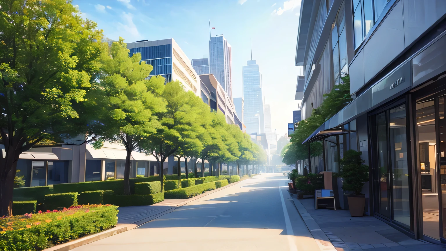There are many shops in front of the front door of a very large and high-end hospital.. The surrounding greenery is particularly high-end，You can see the surrounding city buildings.