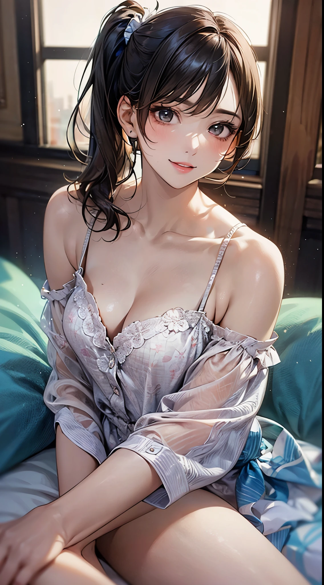 ((perfect anatomy, anatomically correct, super detailed skin)), 1 girl, japanese, , (detailed ultra-oily shiny skin:1.1), watching the view, adorable smiling,
beautiful hair, beautiful face, beautiful detailed eyes, (middle hair:1.7, side ponytail:1.5), parted bangs, babyface,
beautiful clavicle, beautiful body, beautiful breasts, (large breasts:0.8), beautiful thigh, beautiful legs,
((pajamas)),
(beautiful scenery), living room, table, sitting cushion,
(8k, top-quality, masterpiece:1.2, extremely detailed), (photorealistic), beautiful art, visual art, depth of fields, cinematic lighting, ,