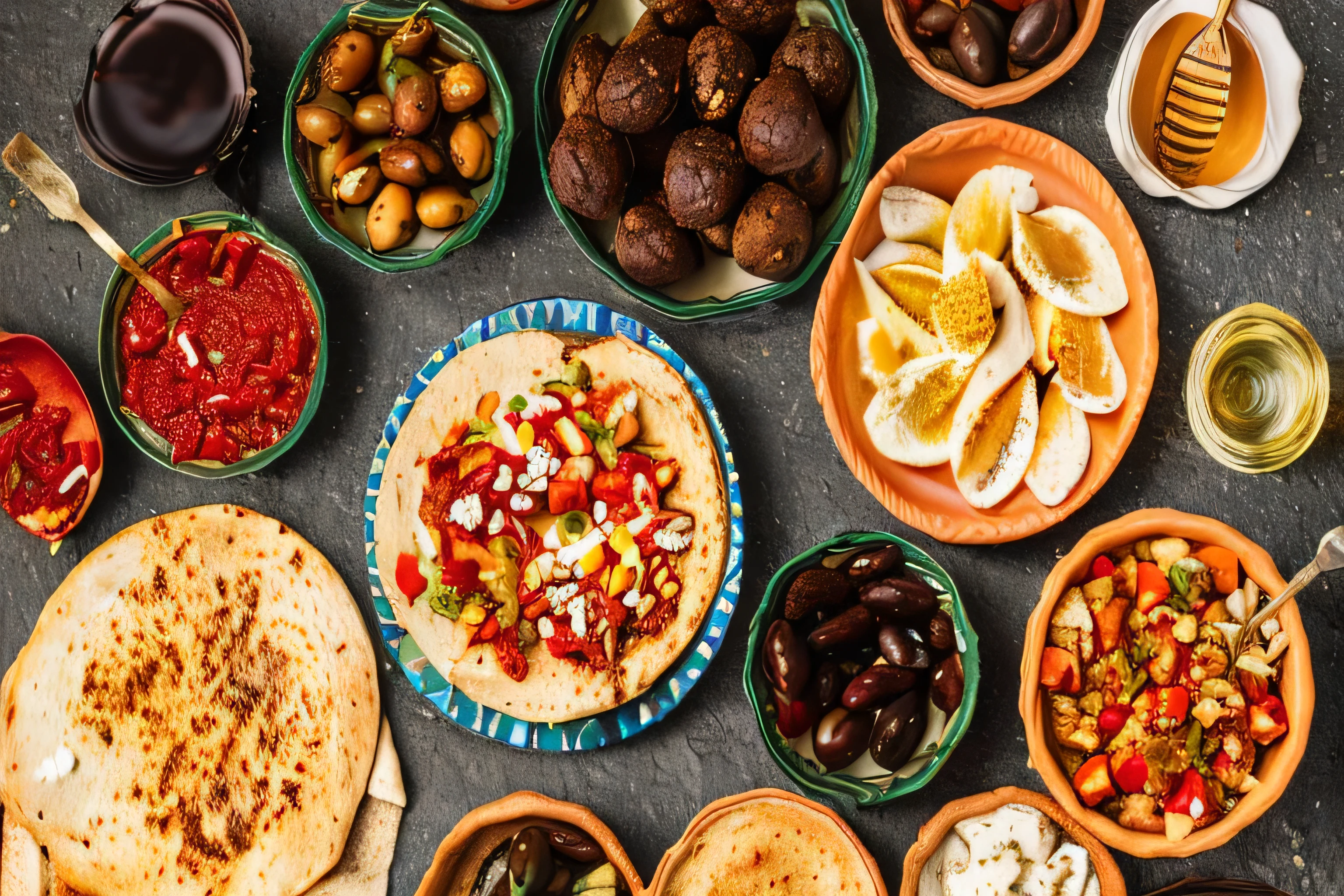 a table full of different types of food including pita bread, olives, and other foods, middle eastern, middle eastern style vendors, high quality food photography, middle eastern details, mediterranean, middle eastern skin, moroccan, professional food photography, stunning image, middle east, styled food photography, the table is full of food, by Etienne Delessert, food photography