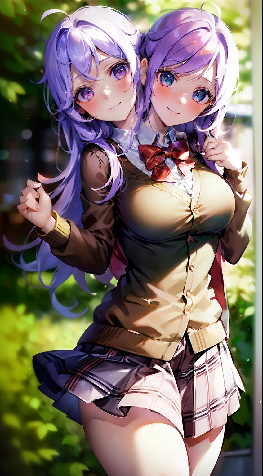 best quality, (masterpiece),(ultra-detailed), (high quality), (high resolution), (2heads:1.5) (violet hair), best quality:1.5, highres, UHD, 4K), smiling, best quality, highres, masterpiece, best quality, 4k, ((masterpiece, best quality, highres, UHD, perfect pixel, depth of field, 4k, RTX, HDR))), 1girl, single, solo, beautiful anime girl, beautiful artstyle, anime character, ((long hair, bangs, curly hair:0.4, simple hair pin)), ((green eyes:1.4, rounded eyes, beautiful eyelashes, realistic eyes)), ((detailed face, blushing:1.2)), ((smooth texture:0.75, realistic texture:0.65, photorealistic:1.1, anime CG style)), medium breasts, dynamic angle, perfect body, ((red bowtie, school uniform, black jacket, open jacket, brown cardigan, white shirt, black skirt, plaid skirt)), smile, amusement park, hands behind back, leaning forward, cherry blossoms