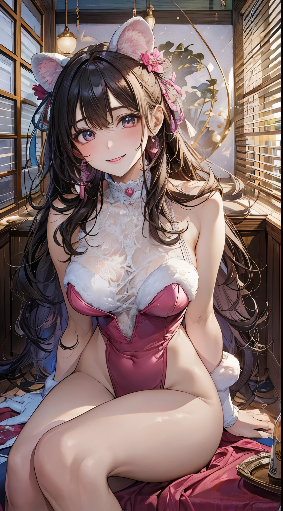 ((perfect anatomy, super detailed skin)), 1 girl, japanese, , white skin, shiny skin, large breasts:0.5, watching the view, (smile:1.5),
beautiful detailed eyes, (middle hair:1.1, half up:1.5), , beautiful clavicle, babyface, , breast, mole under eye,
((pink bunny girl)),
(beautiful scenery), day time, , (Inside the barroom:1.5), ((sitting chair, drinking)),
(8k, best quality, masterpiece, ultra-detailed, ), (photorealistic), illustration, cinematic lighting,