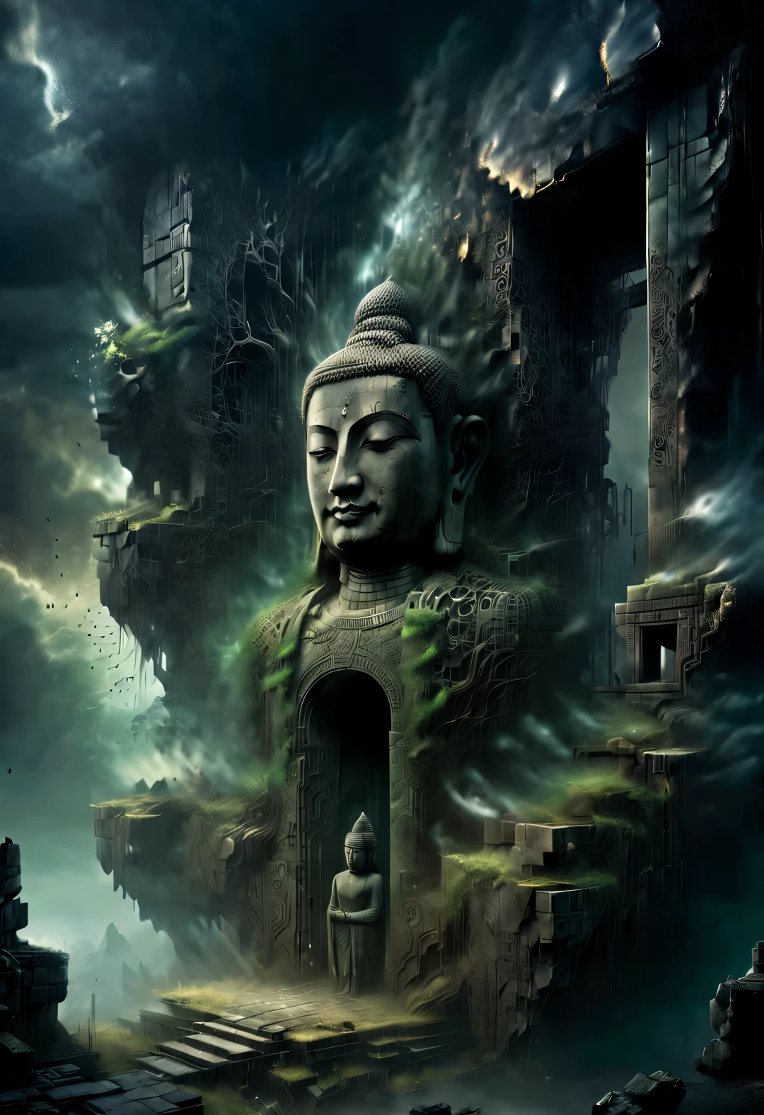 scenography，Very unified CG scenes，（well worn），（Dense fog），Aerial style, Double exposure style, Beautiful detailed （There is an ancient and mysterious giant Buddha head door in the ruins，Connecting different time and space，Leads to the sky.），Its appearance is dark black，Inlaid with intricate golden patterns，Give people a kind of solemnity、mystical feeling。There are some ancient symbols carved on the door，It is said to be a spell used to open the door to time and space..。The ruins are a place full of mystery and mystery， (There are thick vines everywhere，entwined with ancient swaying boulders.：0.65），（Tall stone walls collapsed into thick green vines），Towering temples and spectacular stone pillars are left only in ruins and desolate scenes.，(Stone statues of different shapes are scattered everywhere）