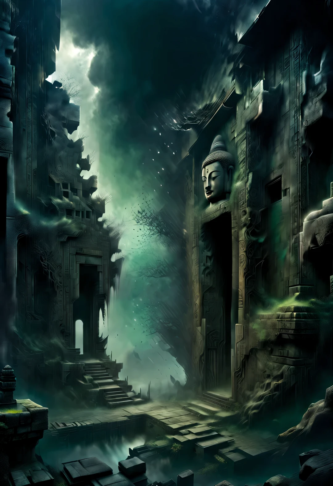scenography，Very unified CG scenes，（well worn），（Dense fog），Aerial style, Double exposure style, Beautiful detailed （There is an ancient and mysterious giant Buddha head door in the ruins，Connecting different time and space，Leads to the sky.），Its appearance is dark black，Inlaid with intricate golden patterns，Give people a kind of solemnity、mystical feeling。There are some ancient symbols carved on the door，It is said to be a spell used to open the door to time and space..。The ruins are a place full of mystery and mystery， (There are thick vines everywhere，entwined with ancient swaying boulders.：0.65），（Tall stone walls collapsed into thick green vines），Towering temples and spectacular stone pillars are left only in ruins and desolate scenes.，(Stone statues of different shapes are scattered everywhere）