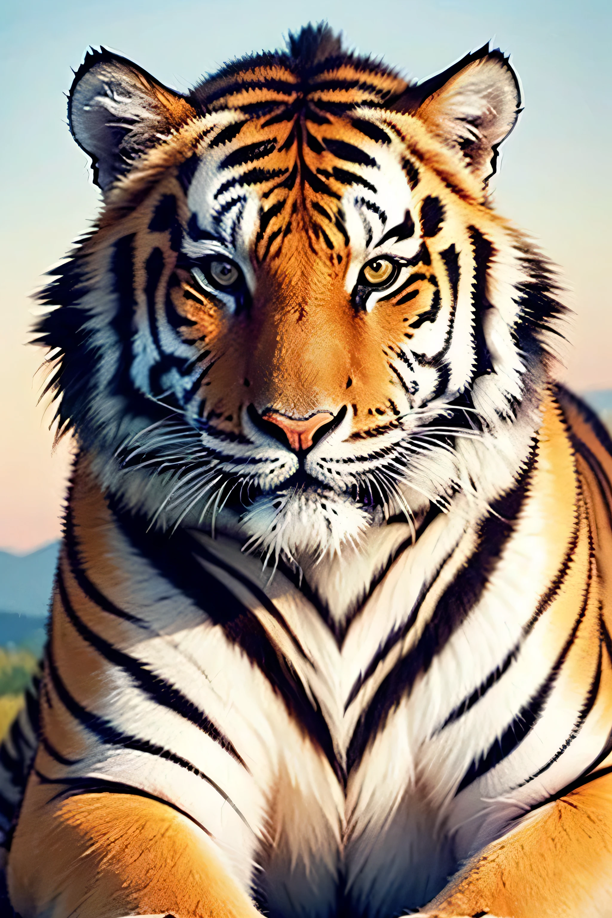 Imagine and describe an artistic scene involving a majestic tiger depicted in watercolor. Explore as nuances da sua pelagem listrada, the vibrant colors that reflect its fierce beauty and the setting that highlights the tiger&#39;s imposing presence in the work