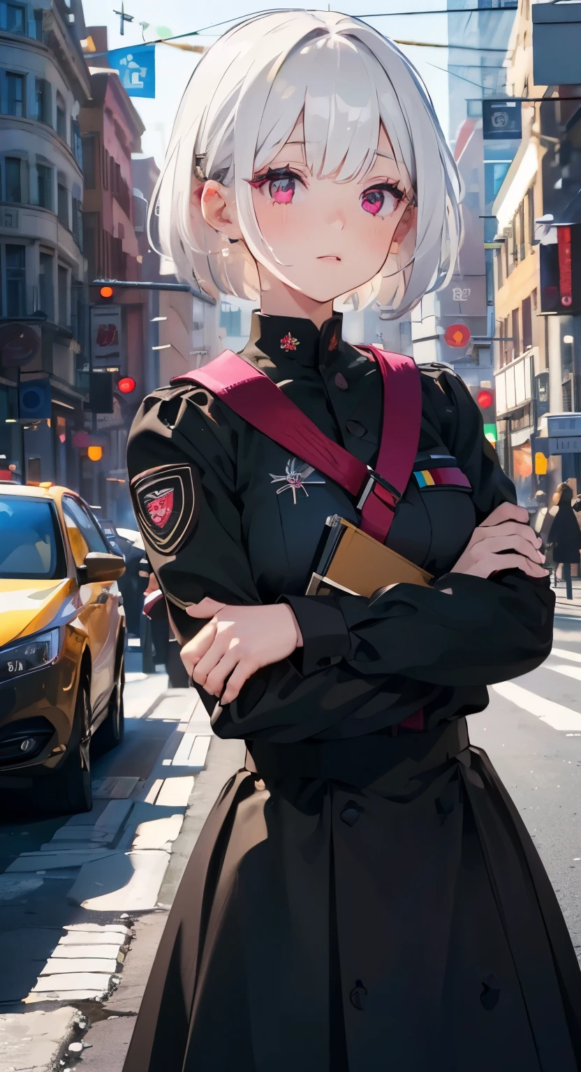 best picture quality, 8K, high quality, masterpiece:1.2), ((masterpiece)), (high detail, high quality, best picture quality), bokeh, DOF, Portrait, open stance, (cute illustration:1.2), white hair, short hair, military, 1girl, magenta eyes, standing, black uniform, black clothing