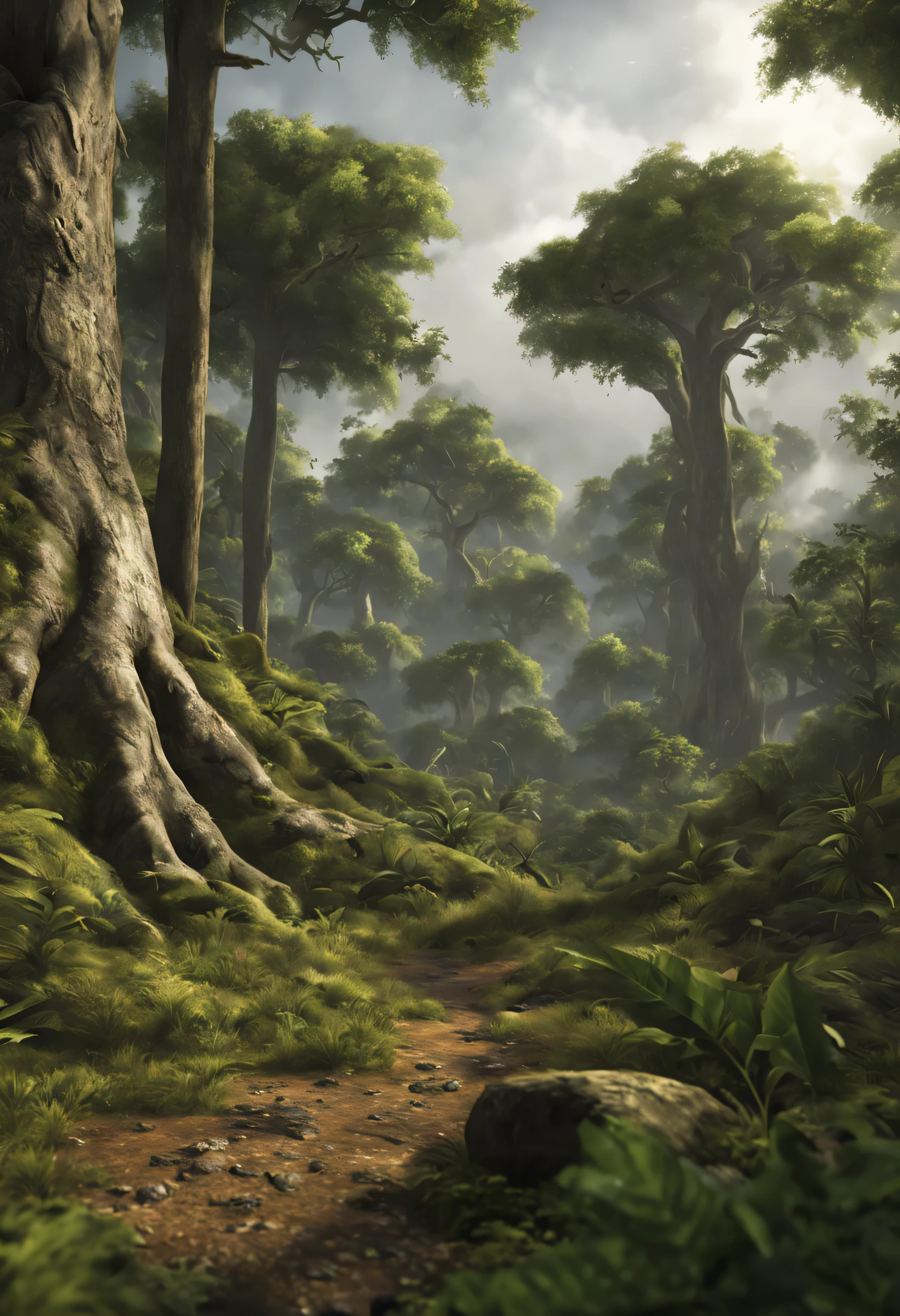 create a high definition pre historic forest, realistic, cinematic, ultra high definition