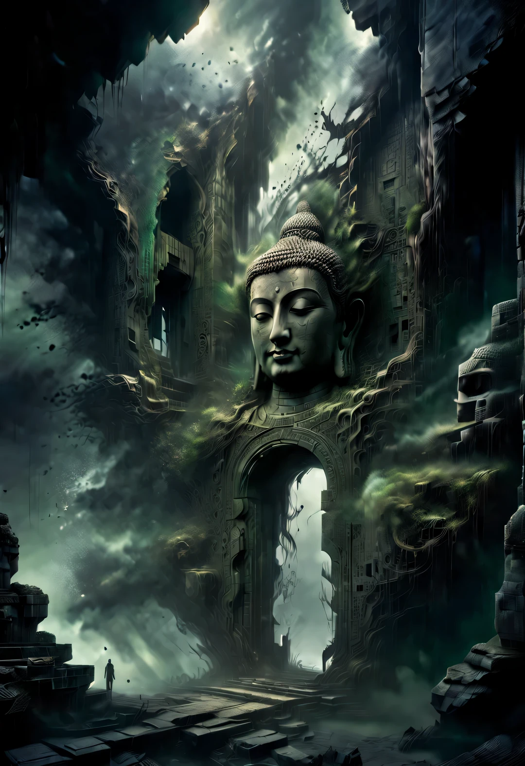 scenography，Very unified CG scenes，（well worn），（Dense fog），Aerial style, Double exposure style, Beautiful detailed ，
（An ancient and mysterious giant Buddhist door hangs in the ruins，Connecting different time and space，Leads to the sky。.），Its appearance is dark black，Inlaid with intricate golden patterns，Tangled with thick vines，Give people a kind of solemnity、mystical feeling，There are some ancient symbols carved on the door，It is said to be a spell used to open the door to time and space..，The ruins are a place full of mystery and mystery， (Thick vines can be seen everywhere：0.65），ancient swaying boulders：0.65），（Tall stone walls collapsed into thick green vines），Towering temples and spectacular stone pillars are left only in ruins and desolate scenes.， (Stone statues of different shapes are scattered everywhere）