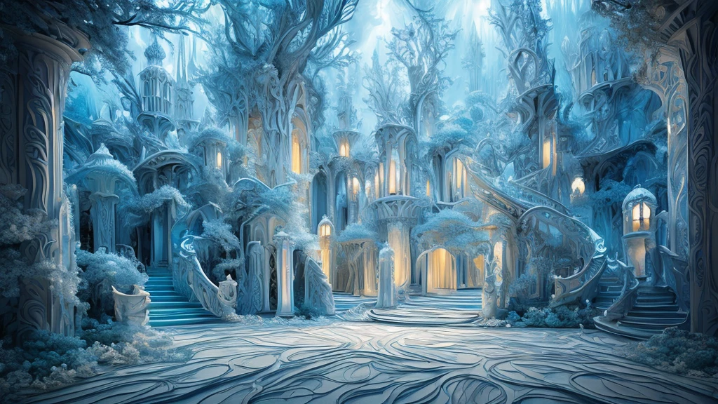 (Light bluish white tone)，masterpiece，top quality，Highly intricate and exquisite details，The door to forgotten time and space，Fantasy and surreal interesting dreams，cosmic energy，Strong sense of time and space，Exquisite bell tower，Extremely spectacular and shocking visual scenes，Twisted Fusion Glowing Magic，Old ancient covered light blue and white vines