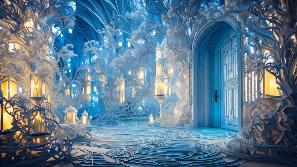 (Light bluish white tone)，masterpiece，top quality，Highly intricate and exquisite details，The door to forgotten time and space，Fantasy and surreal interesting dreams，cosmic energy，Strong sense of time and space，Exquisite bell tower，Extremely spectacular and shocking visual scenes，Twisted Fusion Glowing Magic，Old ancient covered light blue and white vines