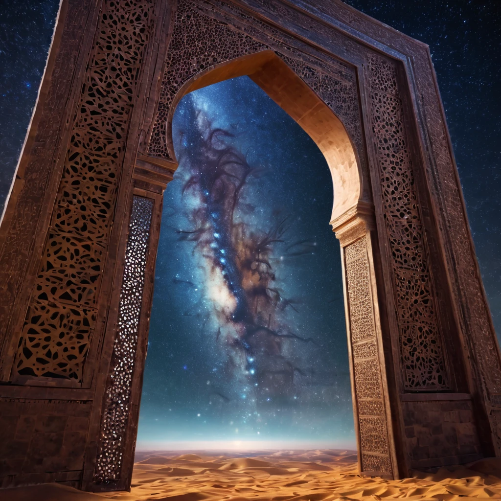 forgotten gateway of time and space, morocco, magical, starry sky, magical flashes coming from the door of the future and the past, ancestral morocco, technological, 3d crackle, we can see the future through the ancestral gateway