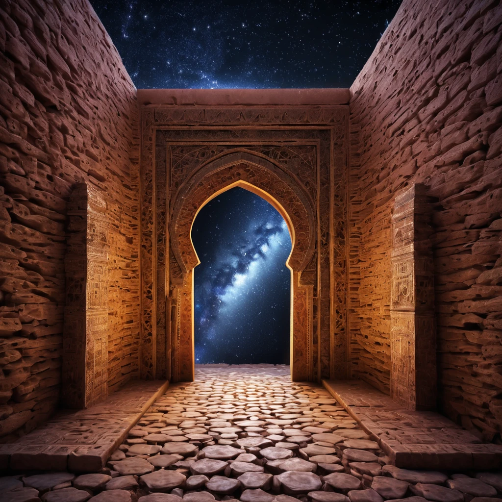 forgotten gateway of time and space, morocco, magical, starry sky, magical flashes coming from the door of the future and the past, ancestral morocco, technological, 3d crackle, we can see the future through the ancestral gateway