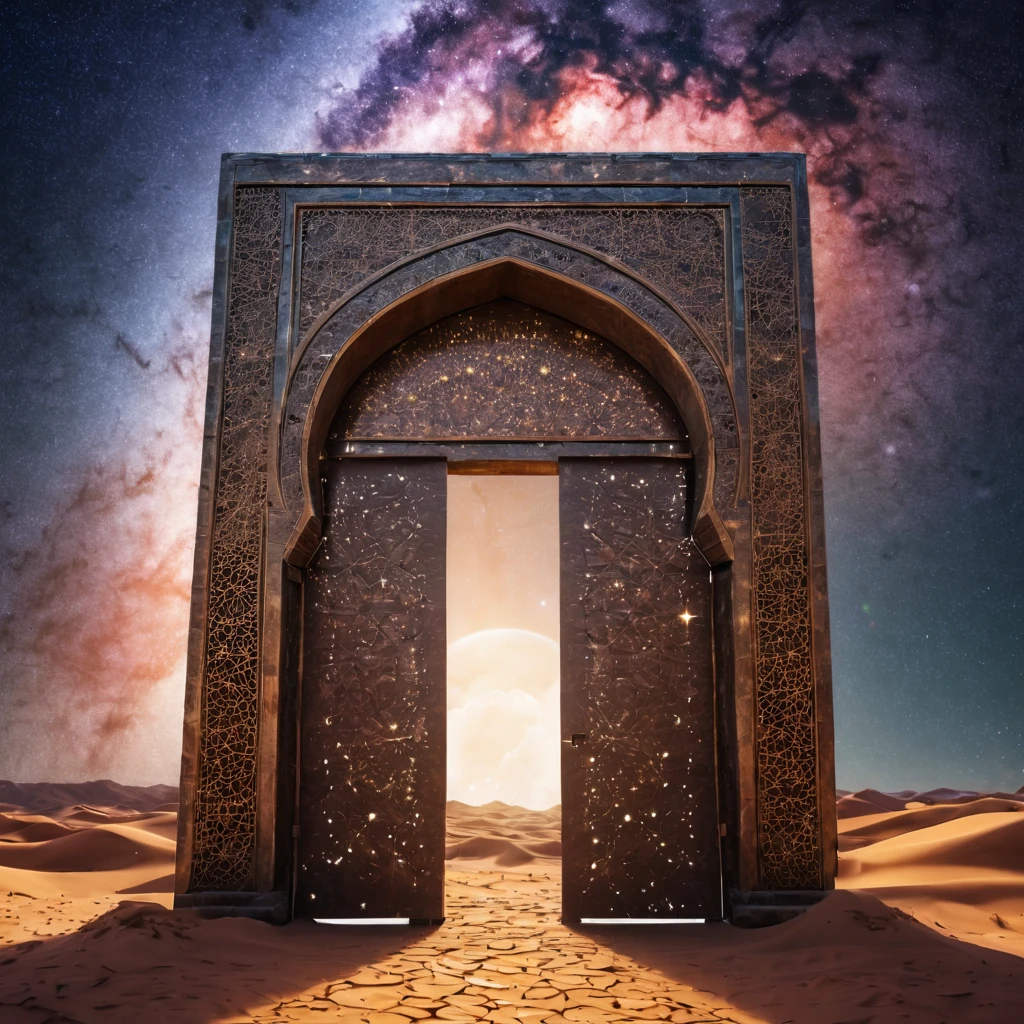 forgotten gateway of time and space, morocco, magical, starry sky, magical flashes coming from the door of the future and the past, ancestral morocco, technological, 3d crackle, we can see the future through the ancestral gateway