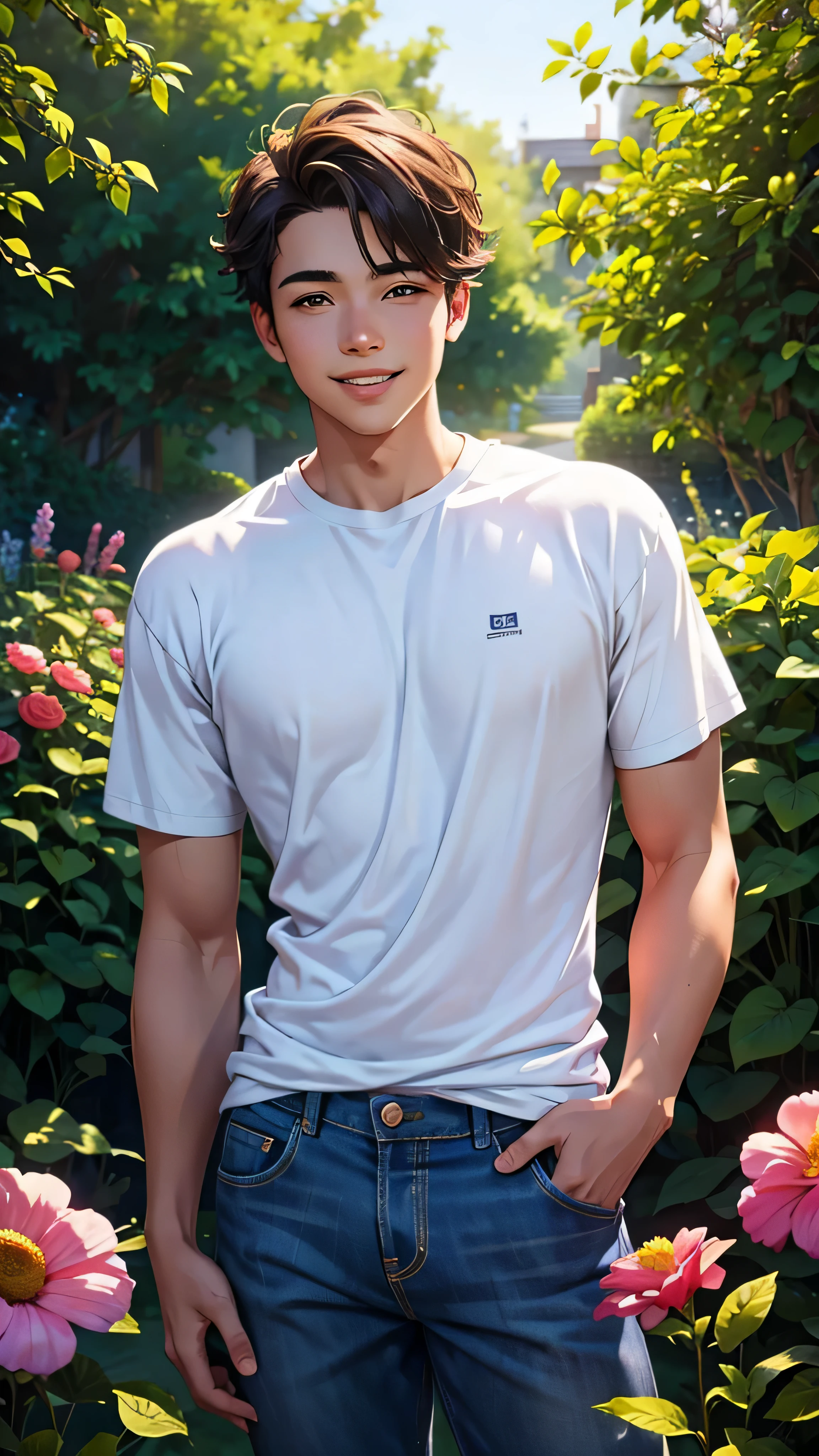 In a garden, a smiling 14 year old son stands confidently. His eyes are bright and lively, with a spark of happiness shining through. He has a youthful and innocent look, with rosy cheeks that add a touch of color to his face. His lips are curved in a gentle smile, radiating warmth and joy.
The son is dressed in casual attire, wearing a simple t-shirt and jeans. His outfit reflects his relaxed and carefree personality. His posture exudes confidence and positivity, as he stands upright with an open stance.
The garden is filled with vibrant flowers of various colors, creating a colorful and lively backdrop. The sight of blooming flowers evokes a sense of beauty and growth. The sunlight filters through the leaves, casting a warm and gentle glow on the son's face.
To enhance the quality of the image, please ensure the prompt includes the following tags: (best quality,4k,8k,highres,masterpiece:1.2), ultra-detailed, (realistic,photorealistic,photo-realistic:1.37). These tags will ensure the image is of the highest quality and realism.
In terms of art style, a portrait style with a realistic touch would be perfect to capture the son's vibrant personality and genuine smile. To emphasize the cheerful atmosphere, the color palette should be vibrant and full of life. The lighting should be soft and natural, illuminating the son's face and highlighting the details in his expressions.
Remember to organize the prompt tags in order of importance, and separate them with commas. The prompt should contain no more than 40 tags and 60 words. Avoid using any explanations or sentences in the prompt.