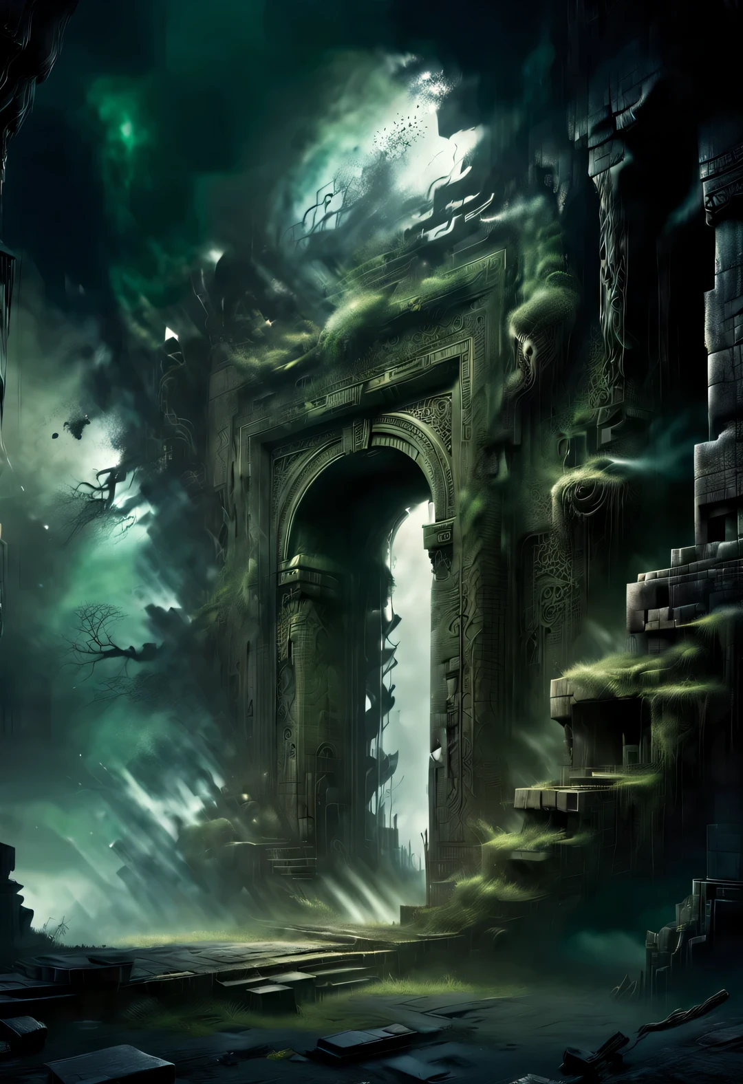 scenography,Very unified CG scenes,(well worn),(Dense fog),light painting style, Beautiful detailed in, Aerial style, Double exposure style, Beautiful detailed , (An ancient and mysterious giant Buddhist door hangs in the ruins,Connecting different time and space,Leads to the sky。.),Its appearance is dark black,Inlaid with intricate golden patterns,Tangled with thick vines,Give people a kind of solemnity、mystical feeling,There are some ancient symbols carved on the door,It is said to be a spell used to open the door to time and space..,The ruins are a place full of mystery and mystery, (Thick vines can be seen everywhere:0.65),ancient swaying boulders:0.65),(Tall stone walls collapsed into thick green vines),Towering temples and spectacular stone pillars are left only in ruins and desolate scenes., (Stone statues of different shapes are scattered everywhere)