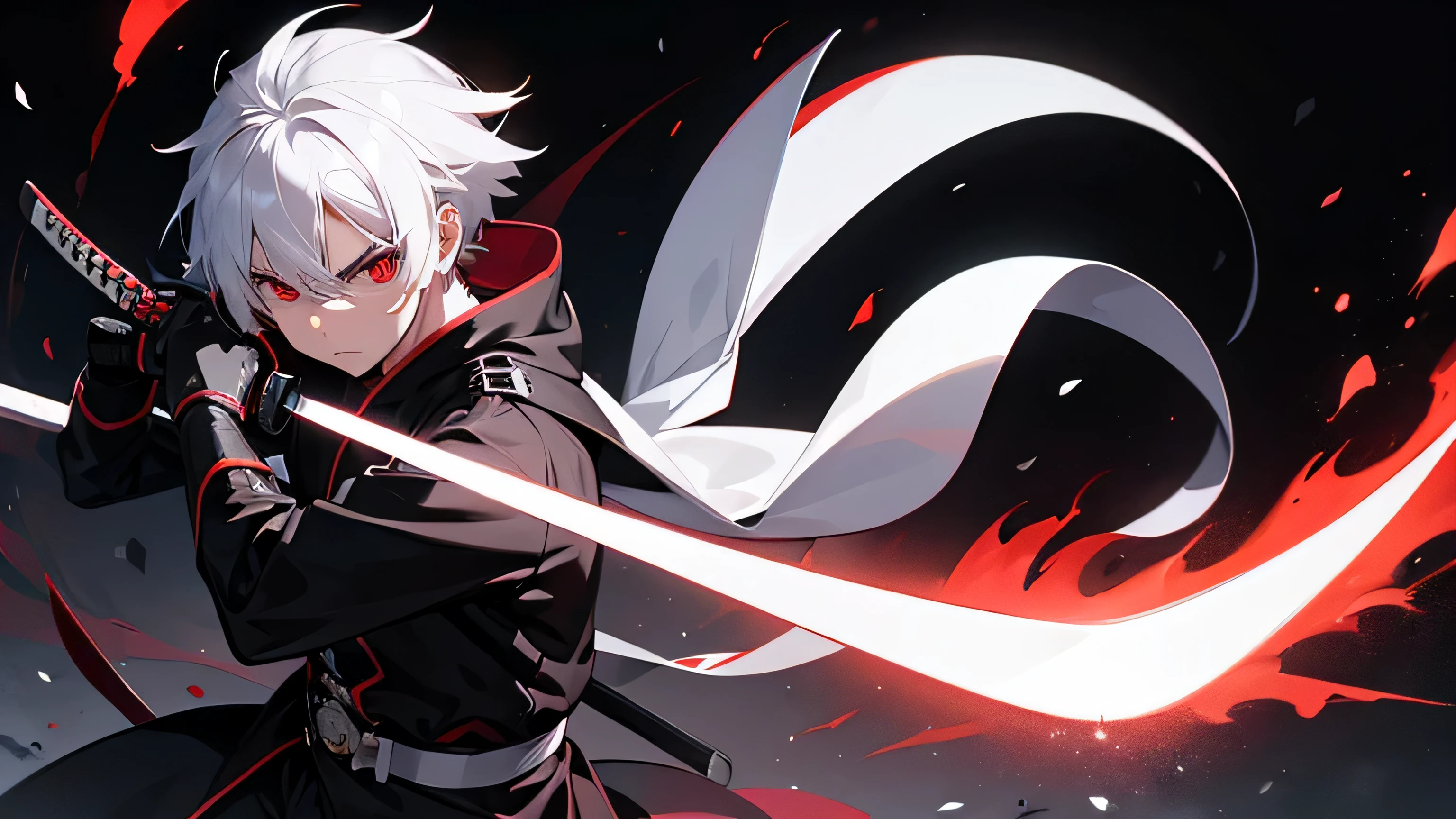 boy, Red eyes,White hair, katana with blade, black clothes use a special katana attack