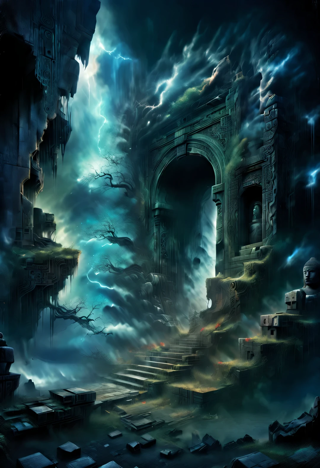 scenography，Very unified CG scenes，（well worn），（Dense fog），light painting style， Beautiful detailed in， Aerial style, Double exposure style, Beautiful detailed ， （An ancient and mysterious giant Buddhist door hangs in the ruins，Connecting different time and space，Leads to the sky。.），Its appearance is dark black，Inlaid with intricate golden patterns，Tangled with thick vines，Give people a kind of solemnity、mystical feeling，There are some ancient symbols carved on the door，It is said to be a spell used to open the door to time and space..，The ruins are a place full of mystery and mystery， (Thick vines can be seen everywhere：0.65），ancient swaying boulders：0.65），（Tall stone walls collapsed into thick green vines），Towering temples and spectacular stone pillars are left only in ruins and desolate scenes.， (Stone statues of different shapes are scattered everywhere），background：blue and red lightning