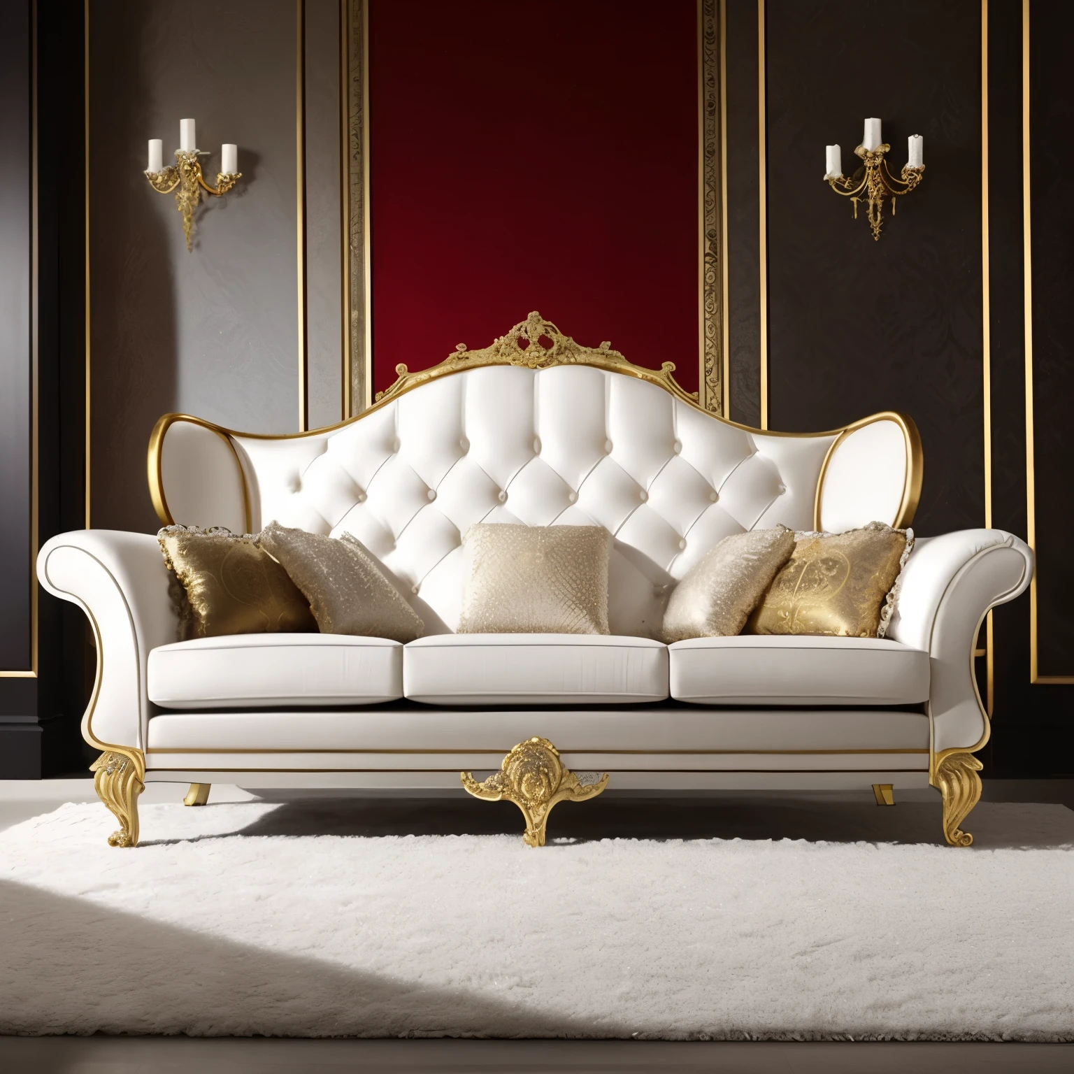 arafed white couch with gold trim and pillows in a room, luxury furniture, elegant furniture, white elegant baroque design, elegant baroque, ornate with gold trimmings, baroque style, furniture and decor, elegant and ornate, lavish rococo baroque setting, lounging on expensive sofa, ornate and elegant, classicism style, baroque detailed, rococo and baroque styles