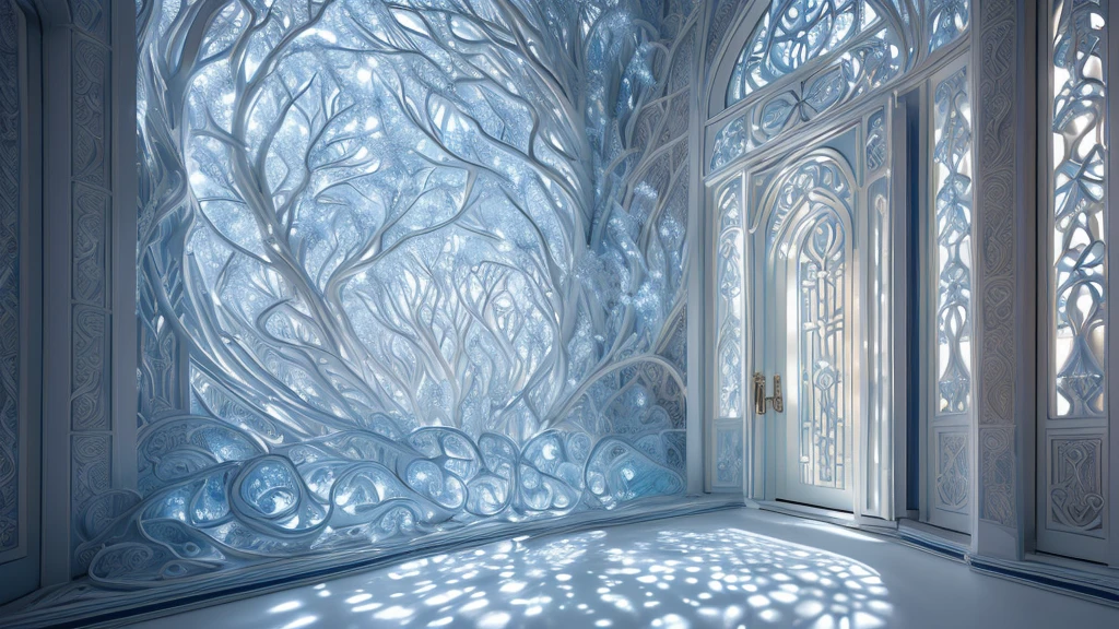 (Light bluish white tone)，masterpiece，top quality，Highly intricate and exquisite details，The door to forgotten time and space，Fantasy and surreal interesting dreams，cosmic energy，Strong sense of time and space，Exquisite bell tower，Extremely spectacular and shocking visual scenes，Twisted Fusion Glowing Magic，Old ancient covered light blue and white vines