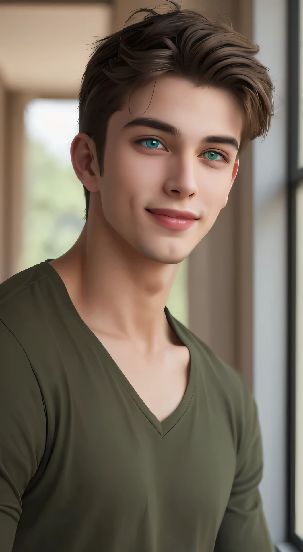 23-year-old handsome man, green eyes, laughing and walking, multiple poses