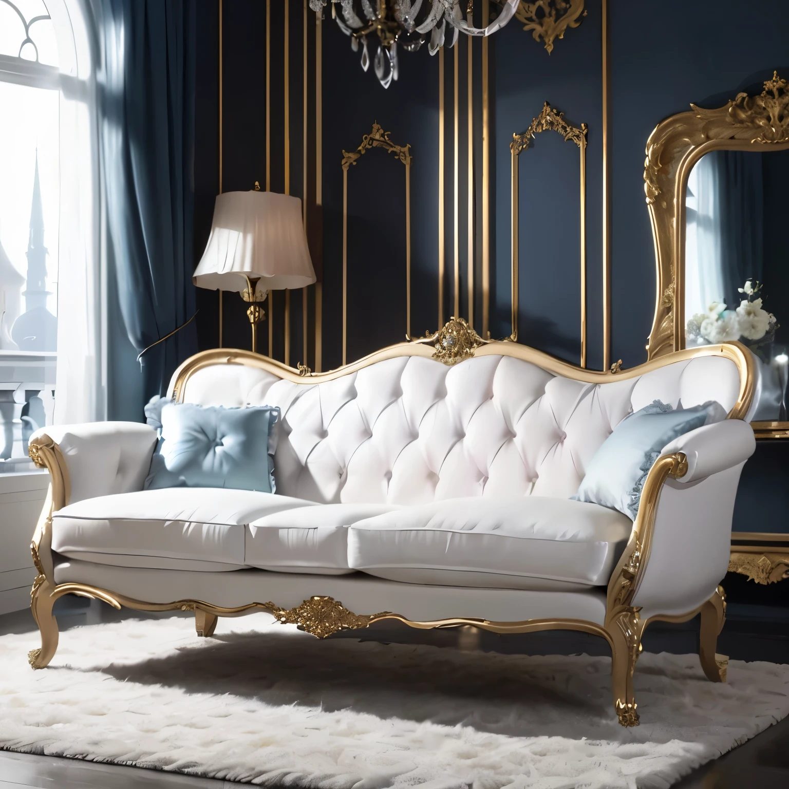 arafed white couch with gold trim and pillows in a room, luxury furniture, elegant furniture, elegant baroque, white elegant baroque design, lavish rococo baroque setting, ivory rococo, baroque style, rococo and baroque styles, rococo baroque, furniture and decor, rococo style, ornate furniture, elegant and ornate, the style of rococo