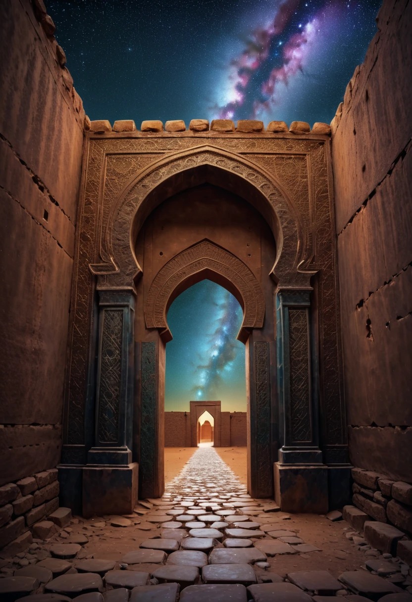 forgotten gateway of time and space, morocco, magical, zentangle starry sky, magical flashes coming from the gateway of the future and the past, ancestral morocco, technological, 3d crackle, we can see the future through the ancestral gateway, a wal,