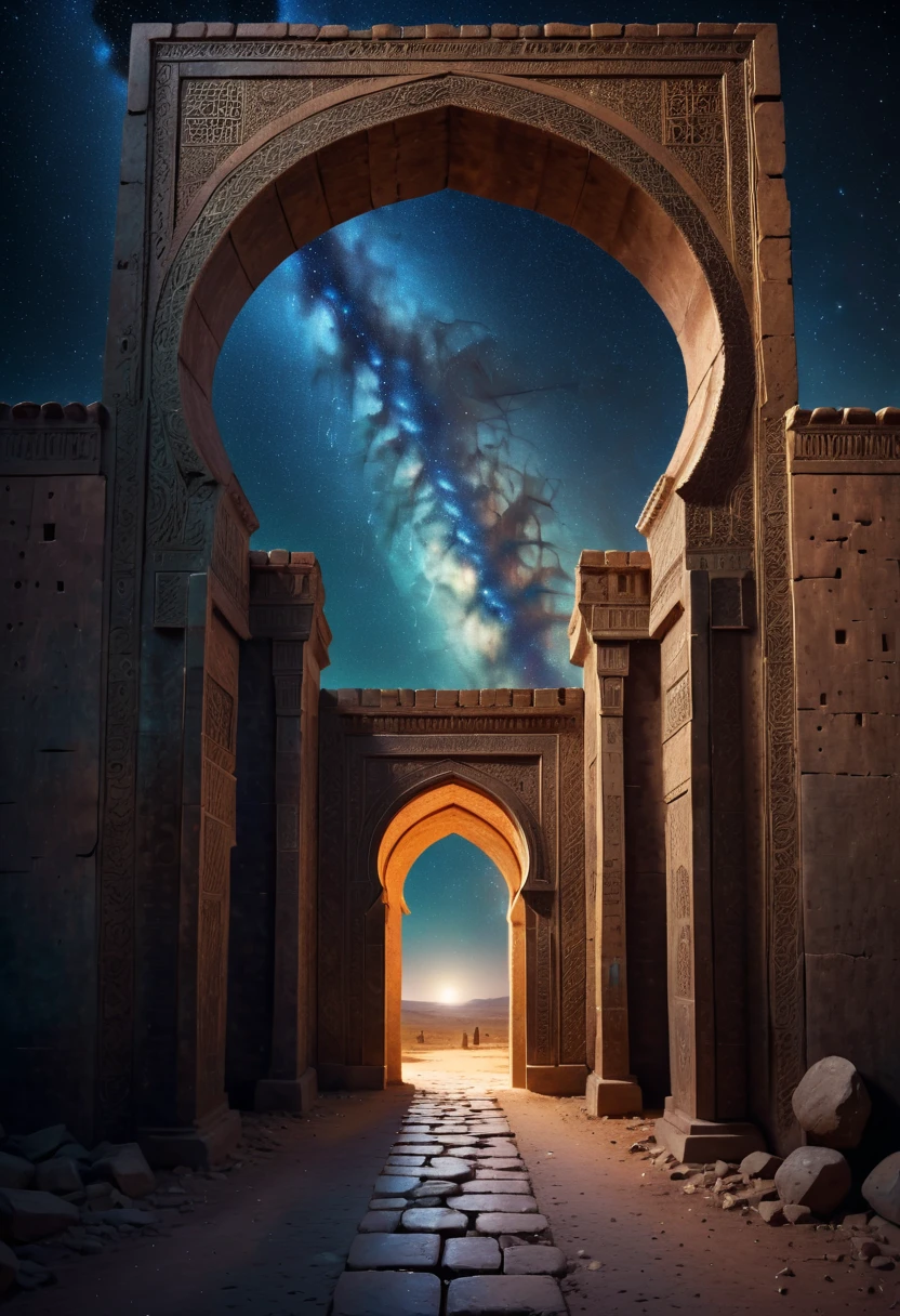 forgotten gateway of time and space, morocco, magical, zentangle starry sky, magical flashes coming from the gateway of the future and the past, ancestral morocco, technological, 3d crackle, we can see the future through the ancestral gateway, a wal,