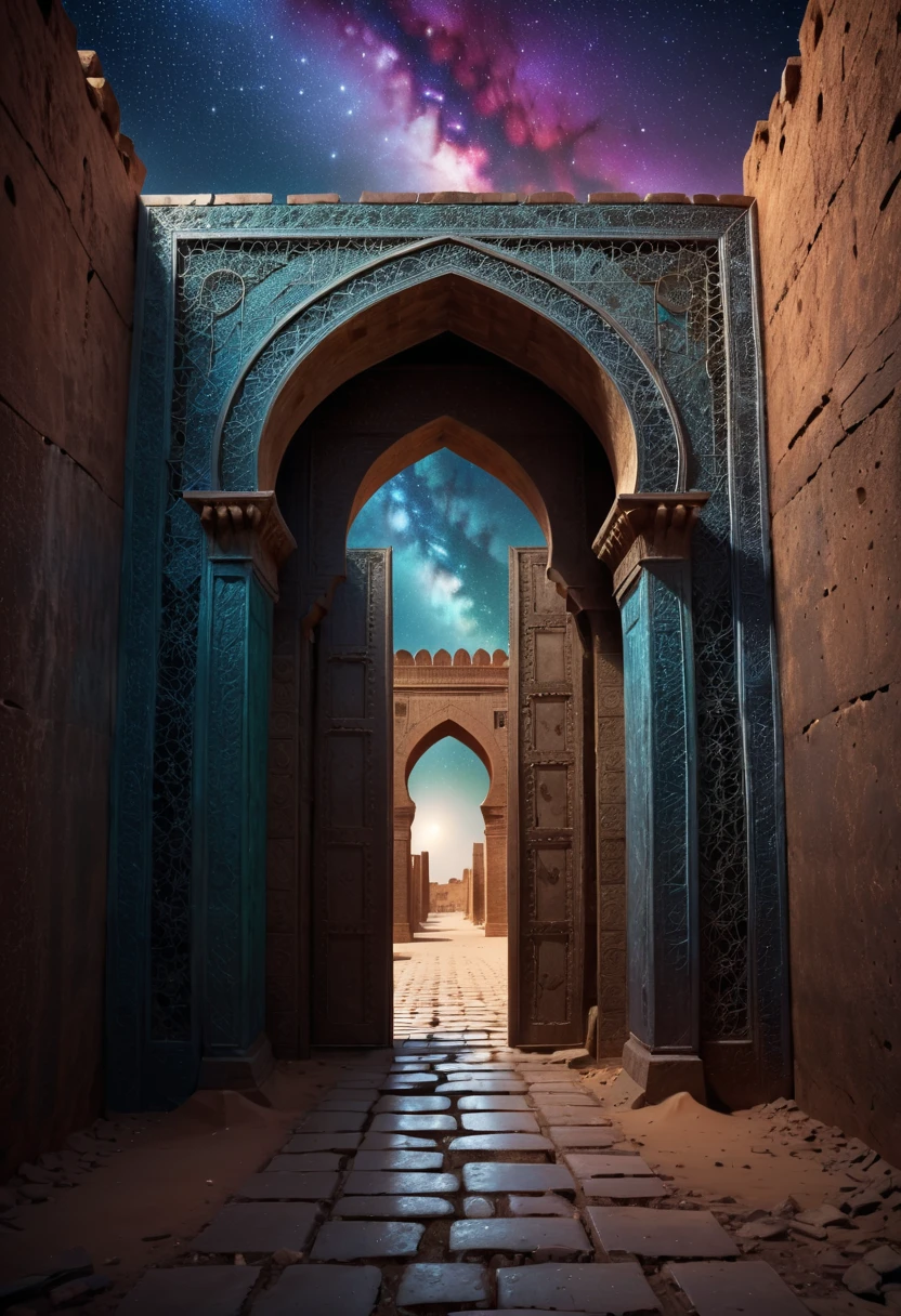 forgotten gateway of time and space, morocco, magical, zentangle starry sky, magical flashes coming from the gateway of the future and the past, ancestral morocco, technological, 3d crackle, we can see the future through the ancestral gateway, a wal,