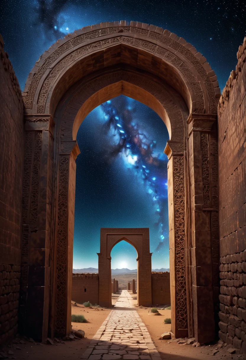 forgotten gateway of time and space, morocco, magical, zentangle starry sky, magical flashes coming from the gateway of the future and the past, ancestral morocco, technological, 3d crackle, we can see the future through the ancestral gateway, a wal,