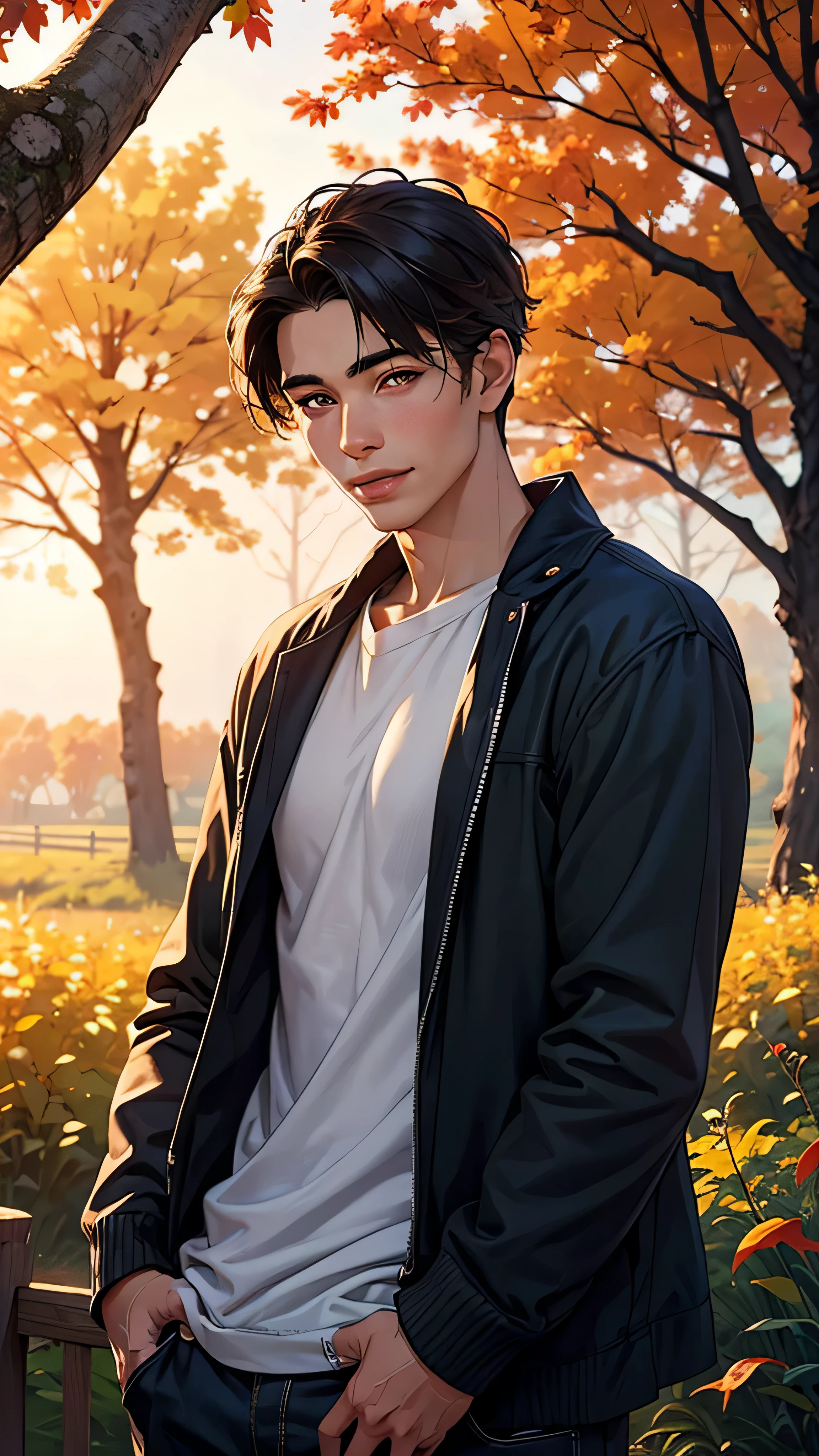 (best quality,4k,8k,highres,masterpiece:1.2),ultra-detailed,(realistic,photorealistic,photo-realistic:1.37),smiling,14-year-old male son,cinematic and beautiful,soft lighting,warm colors,portrait,beautiful detailed eyes,beautiful detailed lips,happy and joyful expression,young teenage boy,stylish clothes,leaning against a rustic wooden fence,faint sunlight filtering through the trees,subtle lens flare,soft focus background,colorful autumn leaves,calm and serene atmosphere,peaceful countryside scene.