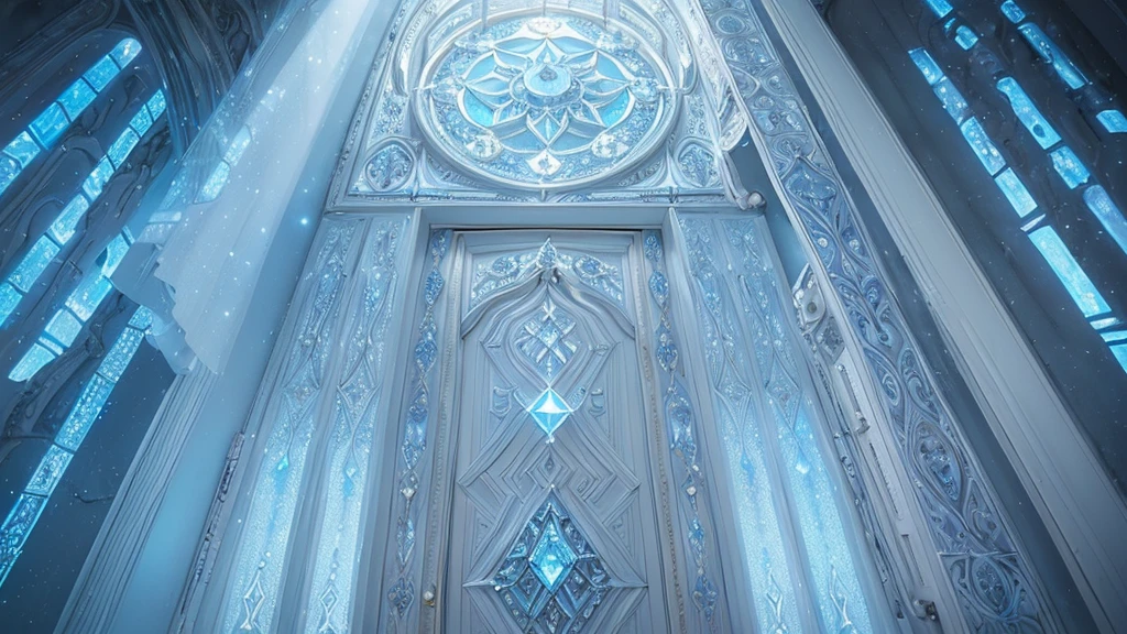 (Light bluish white tone)，masterpiece，top quality，Highly intricate and exquisite details，The door to forgotten time and space，Fantasy and surreal interesting dreams，cosmic energy，Strong sense of time and space，Exquisite bell tower，Extremely spectacular and shocking visual scenes，Twisted Fusion Glowing Magic，Old ancient covered light blue and white vines