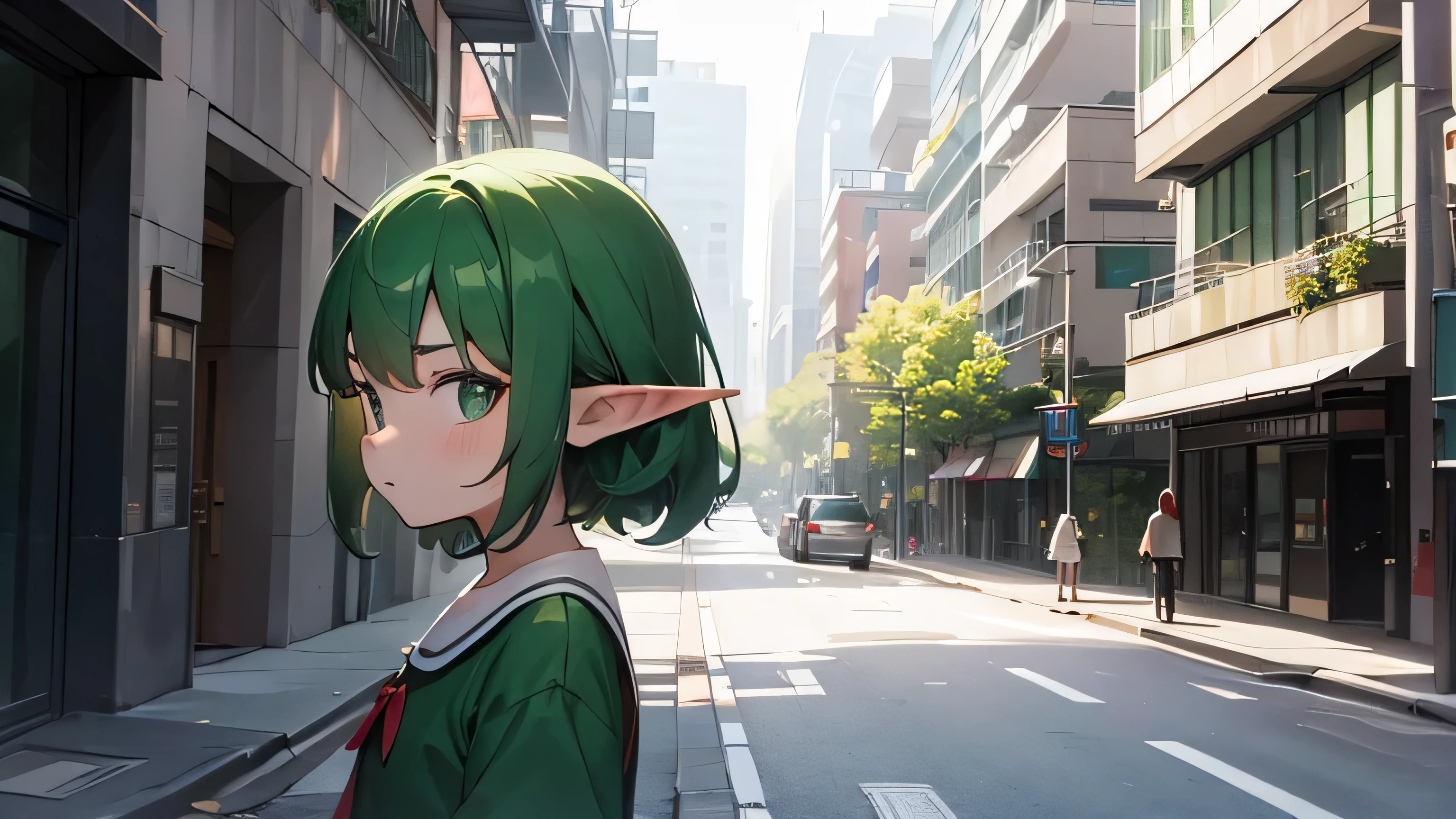 on a modern street,girl, short stature, elf ears, Emerald hair, Green Outfit, Sulk