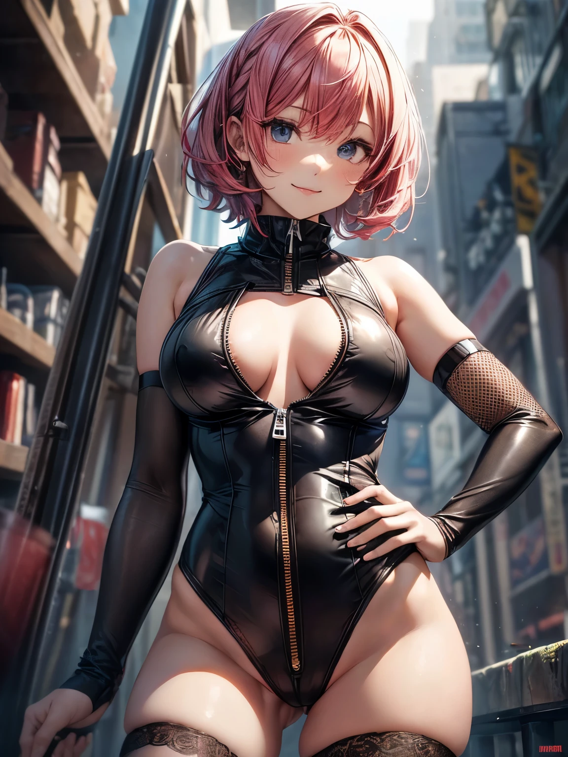 highest quality、All limbs、full finger、((one beautiful woman、solo))、((red hair woman))、short hair、big breasted woman、((Black leotard with front zipper:1.2))、(((The zipper is pulled down to the bottom, exposing your stomach.)))、big smile、Fishnet tights、(((No sleeve、bare hands)))、hands on hips