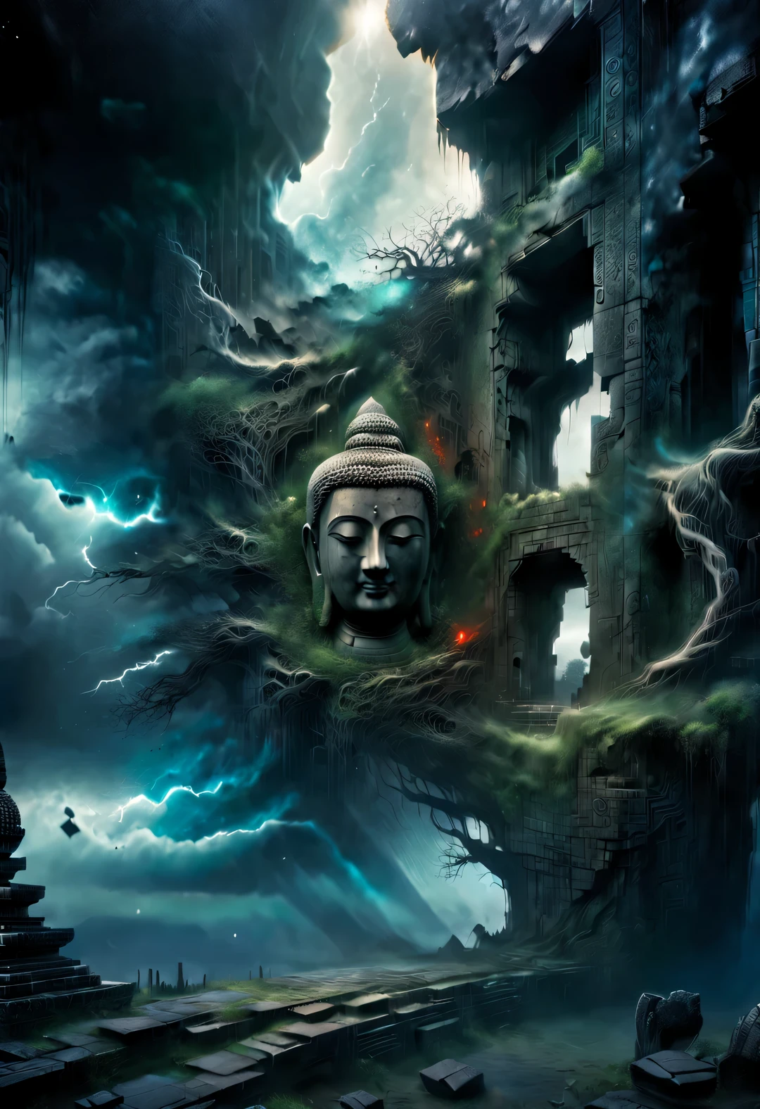 scenography,Very unified CG scenes,(well worn),(Dense fog),Aerial style, Double exposure style, Beautiful detailed ,
(An ancient and mysterious huge Buddhist door hangs in the ruins,Connecting different time and space,Leads to the sky。.:1.0),Its appearance is dark black,Inlaid with intricate golden patterns,Tangled with thick vines,Give people a kind of solemnity、mystical feeling,There are some ancient symbols carved on the door,It is said to be a spell used to open the door to time and space..,The ruins are a place full of mystery and mystery, (Thick vines can be seen everywhere:0.65),ancient swaying boulders:0.65),(Tall stone walls collapsed into thick green vines),Towering temples and spectacular stone pillars are left only in ruins and desolate scenes., (Stone statues of different shapes are scattered everywhere),background:blue and red lightning