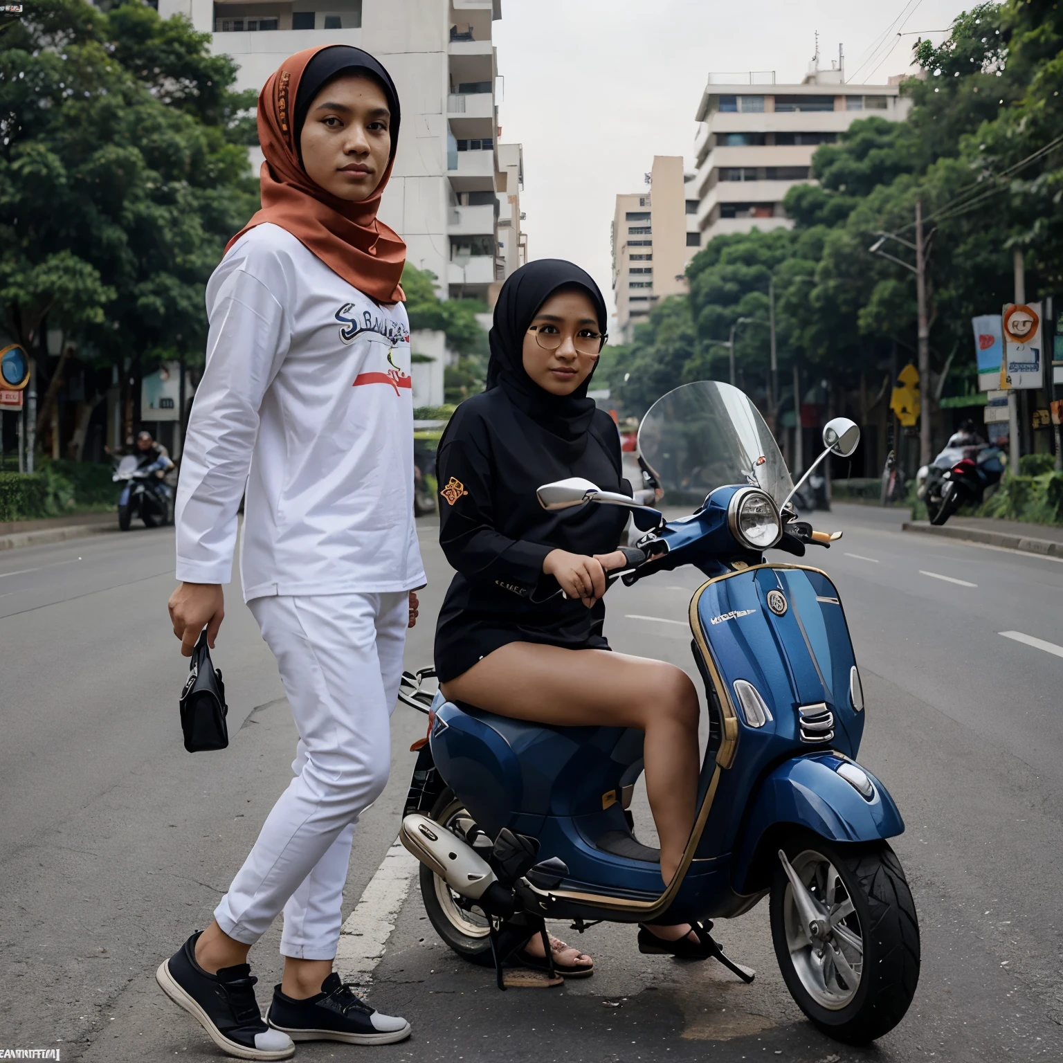 Karikatur seorang cowok memakai baju, dan seorang cewek memakai hijab.sedang berboncengan naik vespa,di jalan kota, realistis