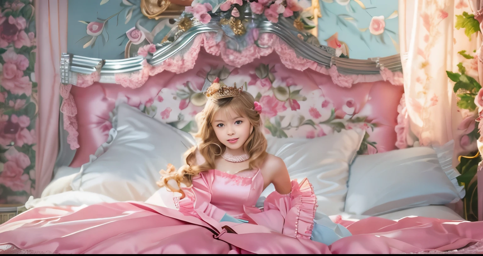 ,highest quality, masterpiece, highest resolution, artwork, super それにget used to it, many get used to it, get used to it, それにget used to it, 3K realistic photos,,(( When I )),Super detailed baby face,She isss,Full length ball gown dress with hoop skirt,ruffle yoke collar,puff sleeves,long sleeve,((Lolita style hot pink detailed princess satin dress、Comes with lots of frills and ribbons。)),colorful rococo fashion,shiny satin dress,Soft and smooth fabric,luxury,long blonde hair,blue eyes,white skin european,pajamas,((inside the palace)),,,(( When I was 10 years old)),Super ce,Full length ball gown dress witirt,long skirt,ruffle yoke collar,puff sleeves,腰まで伸びるlong blonde hair,blue eyes,white skin european,pajamas,((inside the palace bedroom)),ピンクのシルクサテンのluxuryなcanopy bedの上,canopy bed,luxurious curtains under the canopy,many frilly pillows on the bed,super detailed background,Detailed bed,romantic atmosphere,little princess is sitting on the bed,don't put your feet out to the side,