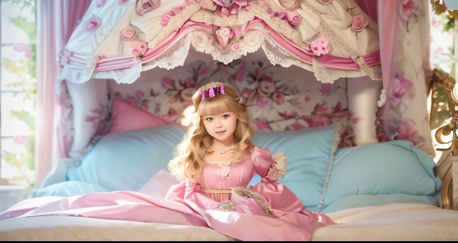 ,highest quality, masterpiece, highest resolution, artwork, super それにget used to it, many get used to it, get used to it, それにget used to it, 3K realistic photos,,(( When I was )),Super detailed baby face,She is a princess,Full length ball gown dress with hoop skirt,ruffled yoke collar,puff sleeves,long sleeve,((Lolita style pink detailed princess satin dress、Comes with lots of frills and ribbons。)),colorful rococo fashion,shiny satin dress,Soft and smooth fabric,luxury,long blonde hair,blue eyes,white skin european,pajamas,((inside the palace)),,,(( When I was 10 years old)),Sd baby face,Full length ball gown dress with hoop skirt,long skirt,ruffled yoke collar,puff sleeves,腰まで伸びるlong blonde hair,blue eyes,white skin european,pajamas,((inside the palace bedroom)),ピンクのシルクサテンのluxuryなcanopy bedの上,canopy bed,Luxurious curtains on both sides of the bed,many frilly pillows on the bed,super detailed background,Detailed bed,romantic atmosphere,little princess is lying on the bed,hug a pink pillow,((((Both legs are hidden in the dress)))),the dress is spread out on the bed,soft pink silk satin comforter,soft silk satin ruffled pillow,Beautiful girl illustration,detailed beautiful face detailed hair,detailed human eye ,detailed mouth, arm details,detailed hands,Detailed pillow,