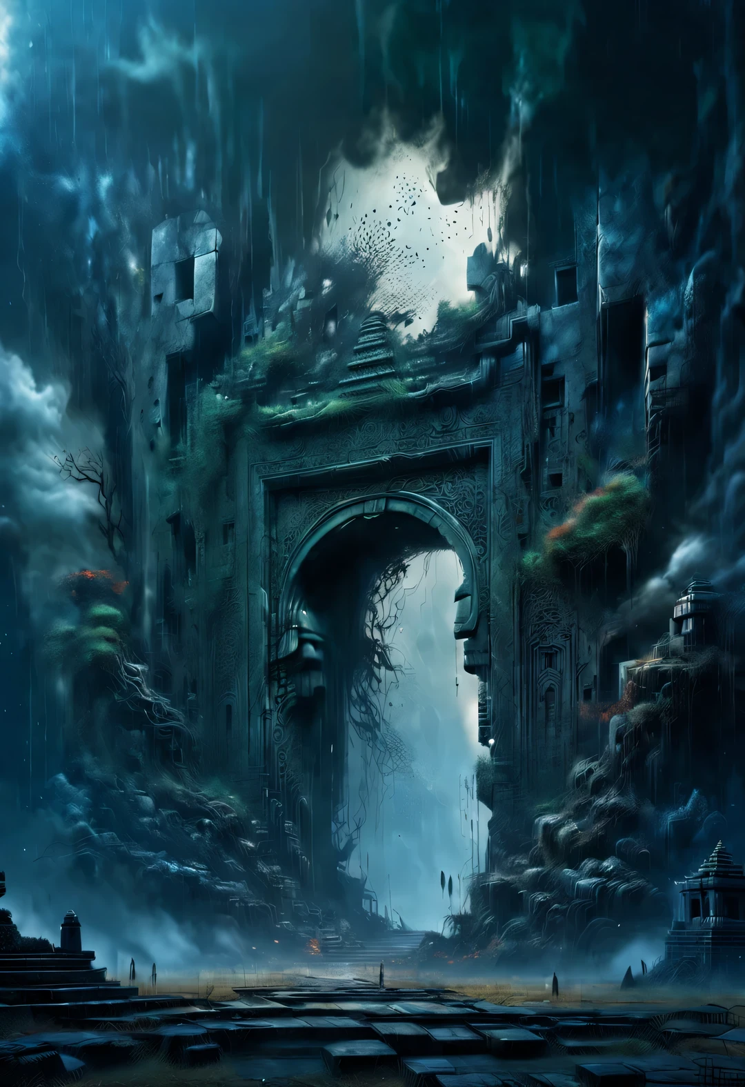 scenography,Very unified CG scenes,(well worn),(Dense fog),Aerial style, Double exposure style, Beautiful detailed ,
(An ancient and mysterious huge Buddhist door hangs in the ruins,Connecting different time and space,Leads to the sky。.:1.0),Its appearance is dark black,Inlaid with intricate golden patterns,Tangled with thick vines,Give people a kind of solemnity、mystical feeling,There are some ancient symbols carved on the door,It is said to be a spell used to open the door to time and space..,The ruins are a place full of mystery and mystery, (Thick vines can be seen everywhere:0.65),ancient swaying boulders:0.65),(Tall stone walls collapsed into thick green vines),Towering temples and spectacular stone pillars are left only in ruins and desolate scenes., (Stone statues of different shapes are scattered everywhere),background:blue and red lightning