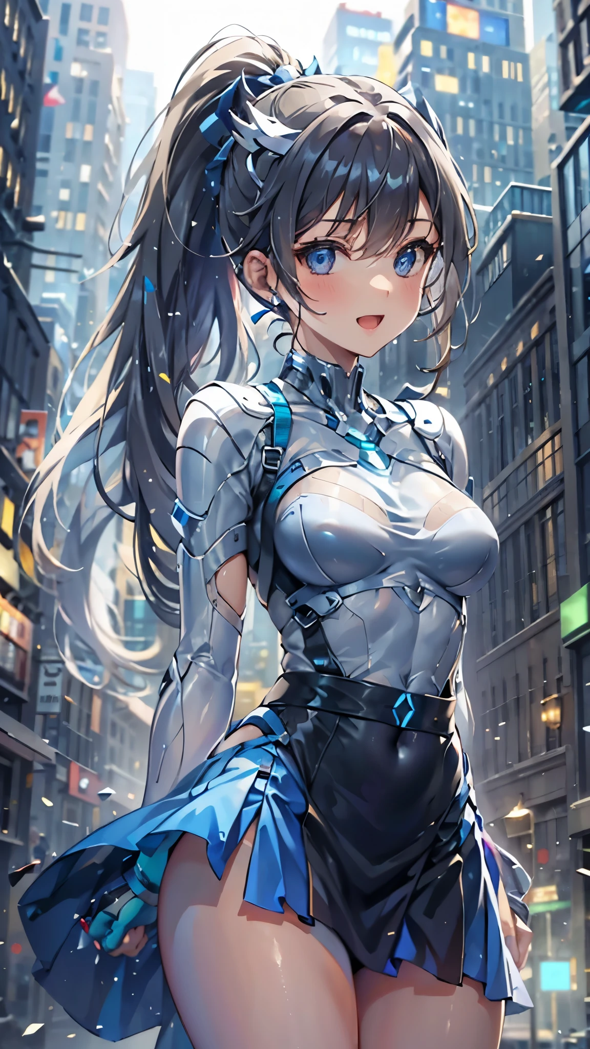 woman,************,,city,night,(((white and blue tight miniskirt bodysuit))),,open mouth smile((See-through))glasses,((beautiful long ponytail)),((Baby girl body shape))