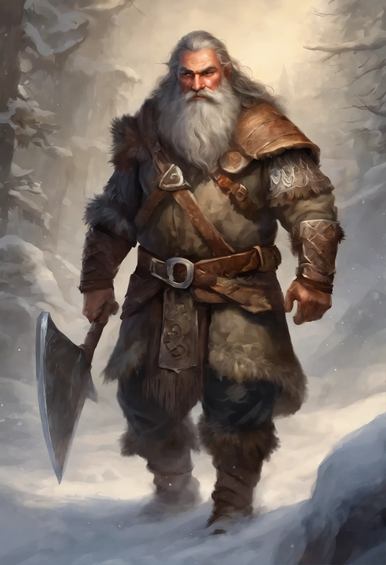 Imagine an Dwarf barbarian, medieval fantasy dwarf, forte, com cabelo cinza, um olhar louco, corpo inteiro, sozinho, fantasia, Medieval Dwarf RPG, Dwarf, imagem 4k, A high resolution, melhor qualidade, 16k, [Ultra Detalhado], masterpierce, melhor qualidade, (extremamente detalhado), corpo inteiro, fotorrealista, Arte de Fantasia, Arte de RPG, d&D arte, an image of a dwarf on his snow (Detalhes intensos, melhor qualidade), dwarf male fantasy (Detalhes intensos, master part, melhor qualidade),(Detalhes intensos, master part, melhor qualidade), grey hair, dynamic eye color, Face Ultra Detalhada (Detalhes intensos, master part, melhor qualidade), bigode, bigode cinza, holding a two hand's axe, brilhante (Detalhes intensos, master part, melhor qualidade), snow ambience (Detalhes intensos, master part, melhor qualidade), SNOW (Detalhes intensos, master part, melhor qualidade), Very high detail, ultra alta qualidade, high resolution, 16k resolution, Fotos Ultra Hd, ultra realistic, detalhes claros, Detalhe realista, Ultra High Definition, Um anao barbaro de Dungeons & Dragons, ambientado em regiao montanhosa e gelada , serious, cabelo cinza, barba longa e cinza, RPG fantasia, sem armadura, poucas roupas