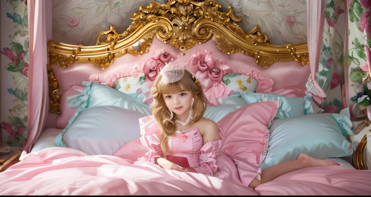 ,highest quality, masterpiece, highest resolution, artwork, super それにget used to it, many get used to it, get used to it, それにget used to it, 3K realistic photos,,(( When I was 10 years old)),Super detailed baby face,She is a princess,Full length ball gown dress with hoop skirt,ruffle yoke collar,puff sleeves,long sleeve,((Lolita style hot pink detailed princess satin dress、Comes with lots of frills and ribbons。)),colorful rococo fashion,shiny satin dress,Soft and smooth fabric,luxury,long blonde hair,blue eyes,white skin european,pajamas,((inside the palace)),,,(( When I was 10 years old)),Super detailed baby face,Full length ball gown dress with hoop skirt,long skirt,ruffle yoke collar,puff sleeves,腰まで伸びるlong blonde hair,blue eyes,white skin european,pajamas,((inside the palace bedroom)),ピンクのシルクサテンのluxuryなcanopy bedの上,canopy bed,luxurious curtains under the canopy,many frilly pillows on the bed,super detailed background,Detailed bed,romantic atmosphere,little princess is sitting on the bed,don't put your feet out to the side,
