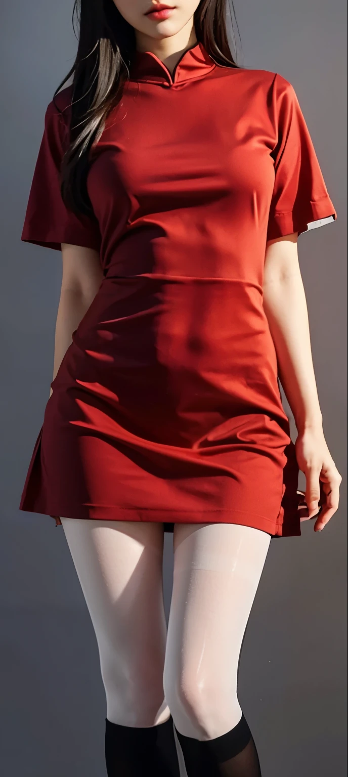 (original photo:1.2), (lifelike:1.4), Beautiful and delicate girl, Very detailed eyes and face, Beautiful and delicate eyes, ridiculous, incredibly ridiculous, File size is huge, super detailed, high resolution, Very detailed, best quality, masterpiece, (dress), illustration, Very detailed, CG, Unite, 8k wallpaper, Astonishing, Exquisite details, masterpiece, best quality, Very detailed CG uniform 8k wallpaper, 1 girl, , 红色dress,((Black tights)), ((Standing posture))), (pantyhose),