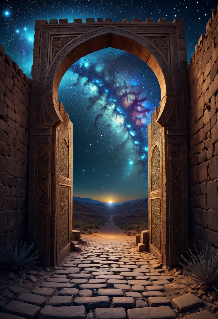 forgotten gateway of time and space, morocco, magical, zentangle starry sky, magical flashes coming from the gateway of the future and the past, ancestral morocco, technological, 3d crackle, we can see the future through the ancestral gateway, a wal,