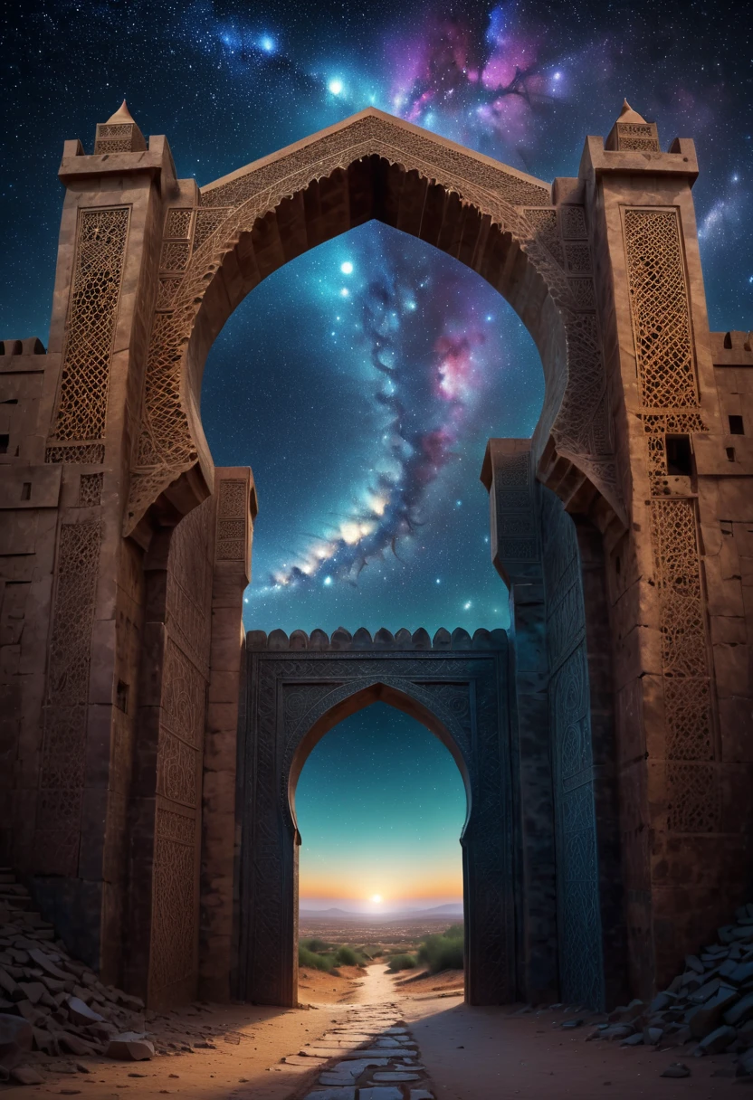 forgotten gateway of time and space, morocco, magical, zentangle starry sky, magical flashes coming from the gateway of the future and the past, ancestral morocco, technological, 3d crackle, we can see the future through the ancestral gateway, a wal,