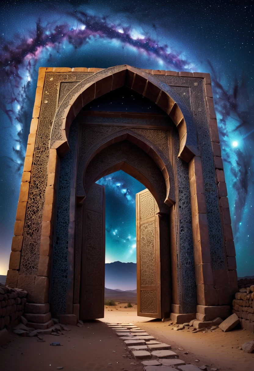 forgotten gateway of time and space, morocco, magical, zentangle starry sky, magical flashes coming from the gateway of the future and the past, ancestral morocco, technological, 3d crackle, we can see the future through the ancestral gateway, a wal,