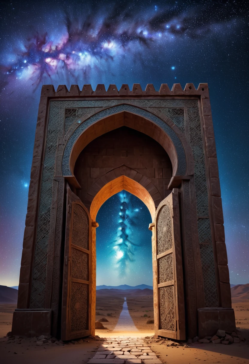 forgotten gateway of time and space, morocco, magical, zentangle starry sky, magical flashes coming from the gateway of the future and the past, ancestral morocco, technological, 3d crackle, we can see the future through the ancestral gateway, a wal,