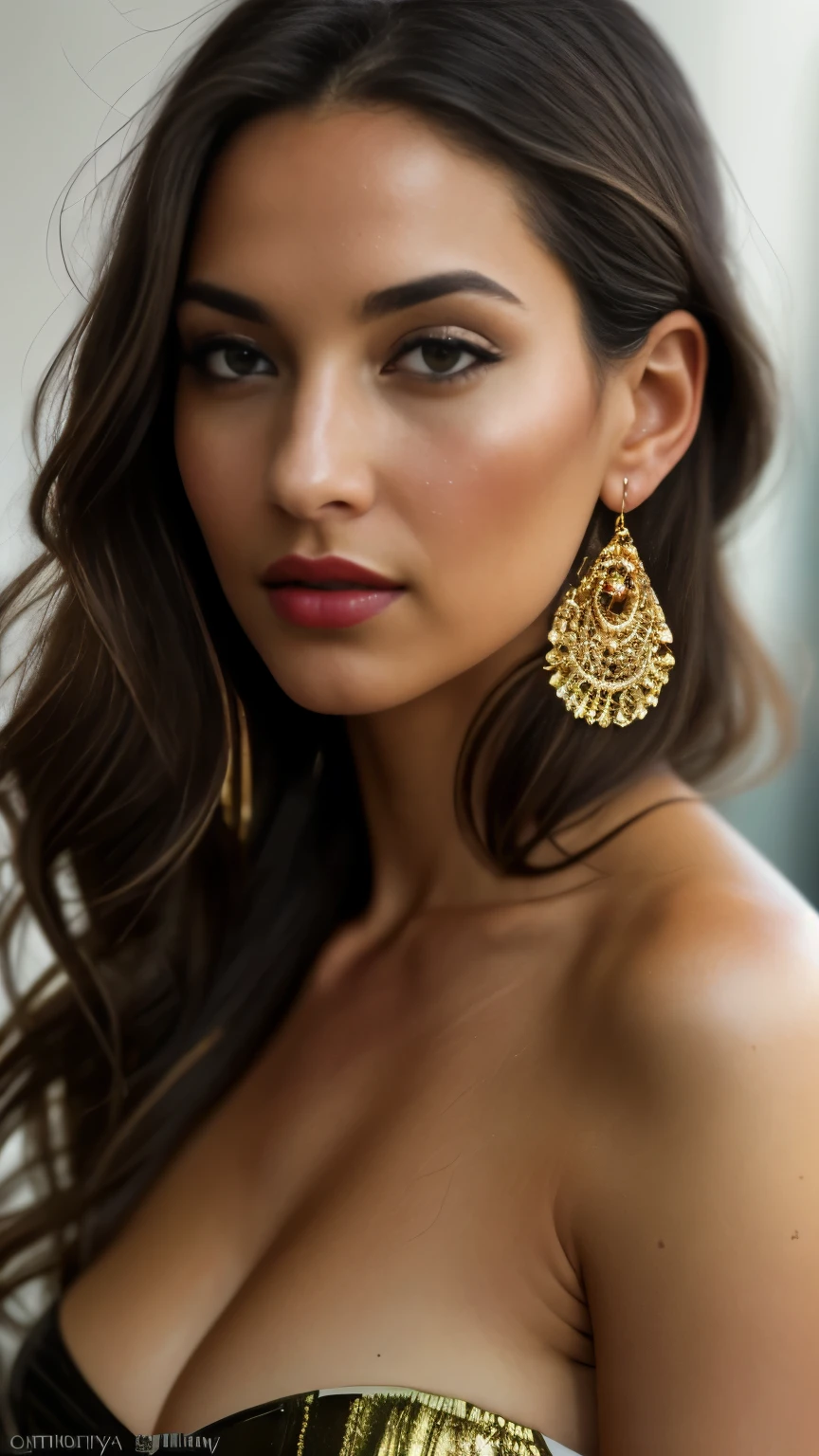 (Helena Lovista) photo of a stunning beautiful woman in rolls royce back seats, long messy windy brown hair, brown eyes, (magazine photo style:1.3),  modelshoot style, (extremely detailed CG unity 8k wallpaper), photo of the most beautiful artwork in the world, professional majestic oil painting by Ed Blinkey, Atey Ghailan, Studio Ghibli, by Jeremy Mann, Greg Manchess, Antonio Moro, trending on ArtStation, trending on CGSociety, Intricate, High Detail, Sharp focus, dramatic, photorealistic painting art by midjourney and greg rutkowski, (sexy shiny golden dress:1.1), (looking at viewer), (detailed pupils:1.3), (modern outfit:1.2), (closeup), red lips, (earrings), (fashion magazine logo), (magazine text), (magazine title:1.1)